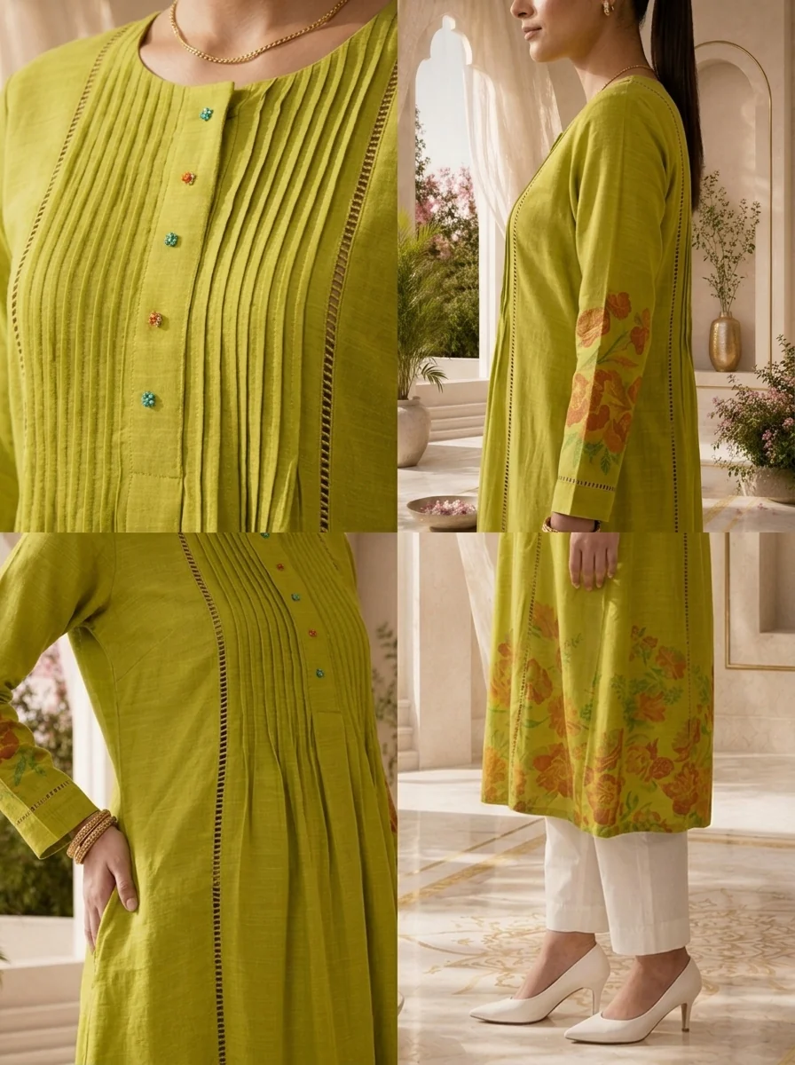 Green Rayon Pleated Design Kurta - Image 5