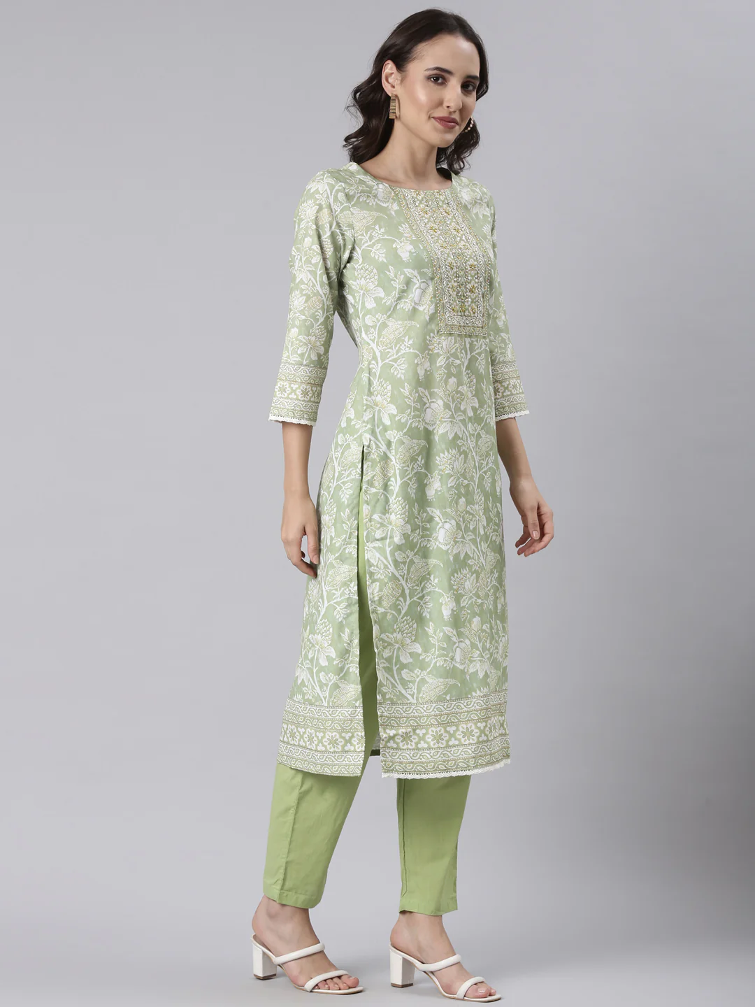 Green Rayon Printed Three Piece Set - Image 2