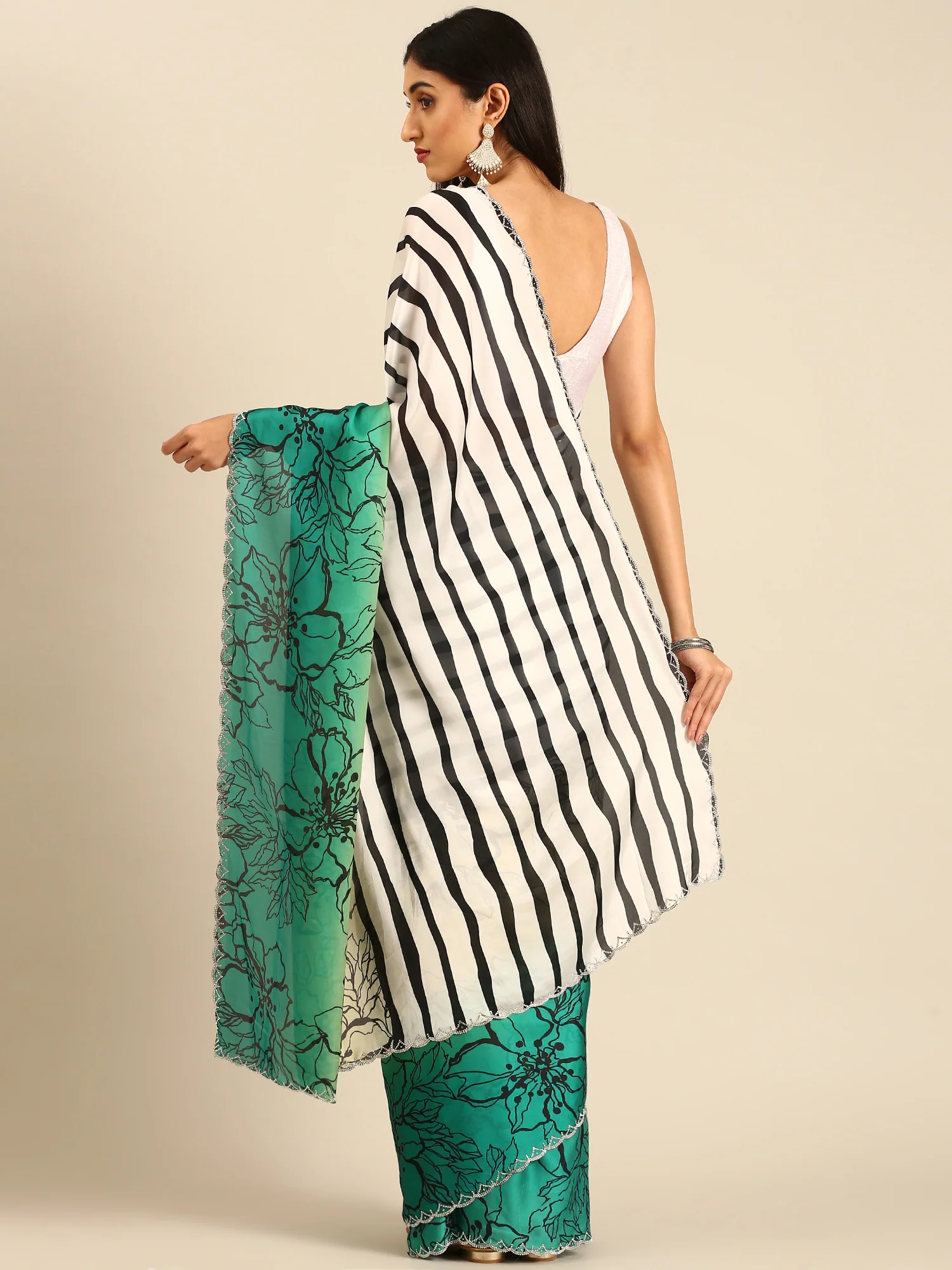 Green Satin printed saree with Swarovski embroidery - Image 2