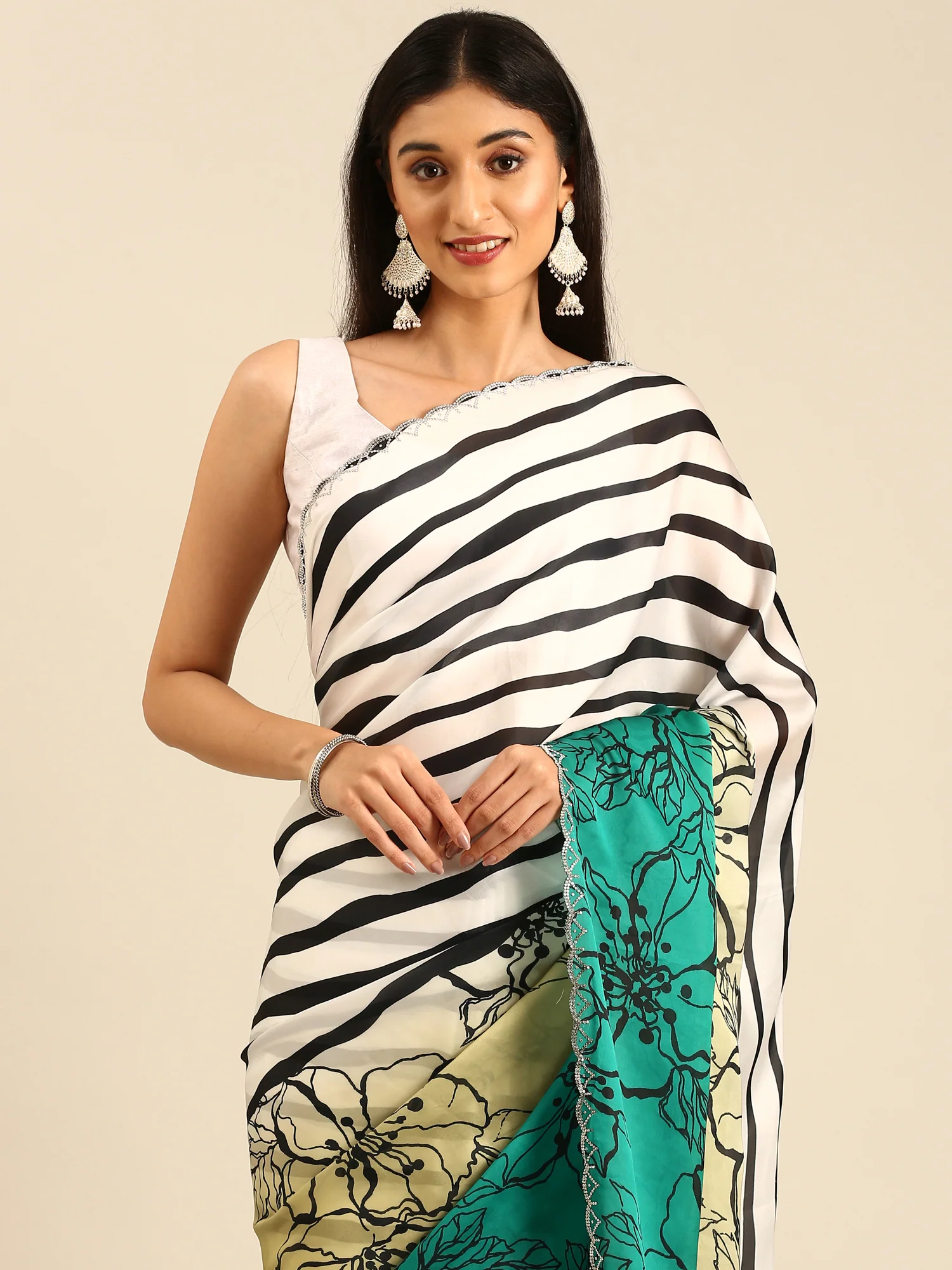 Green Satin printed saree with Swarovski embroidery - Image 3