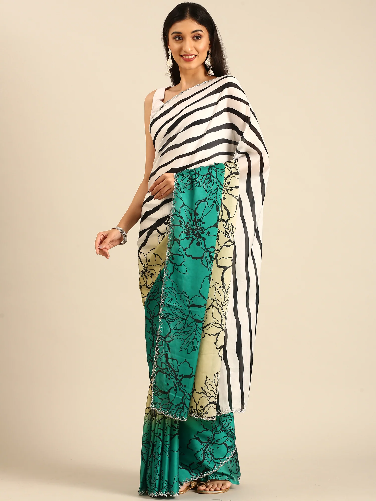 Green Satin printed saree with Swarovski embroidery - Image 4