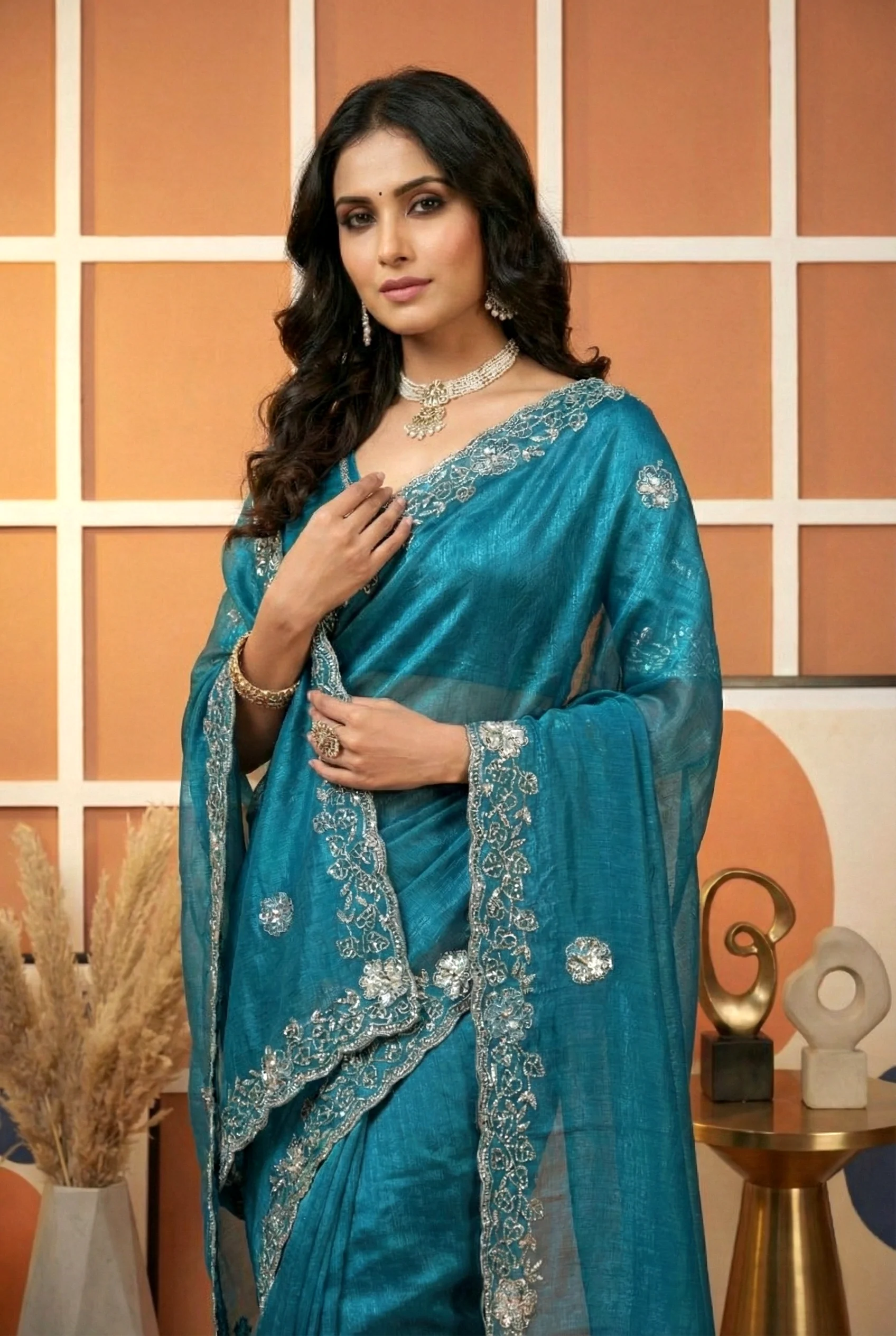 Green Sequins And Aari Embroidery Organza Saree - Image 3