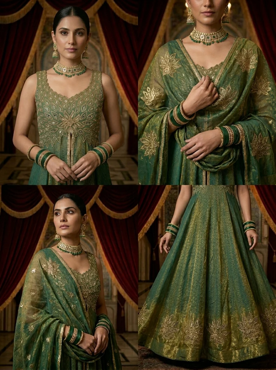 Green Silk Hand Embroidery Anarkali Set - Image 3
