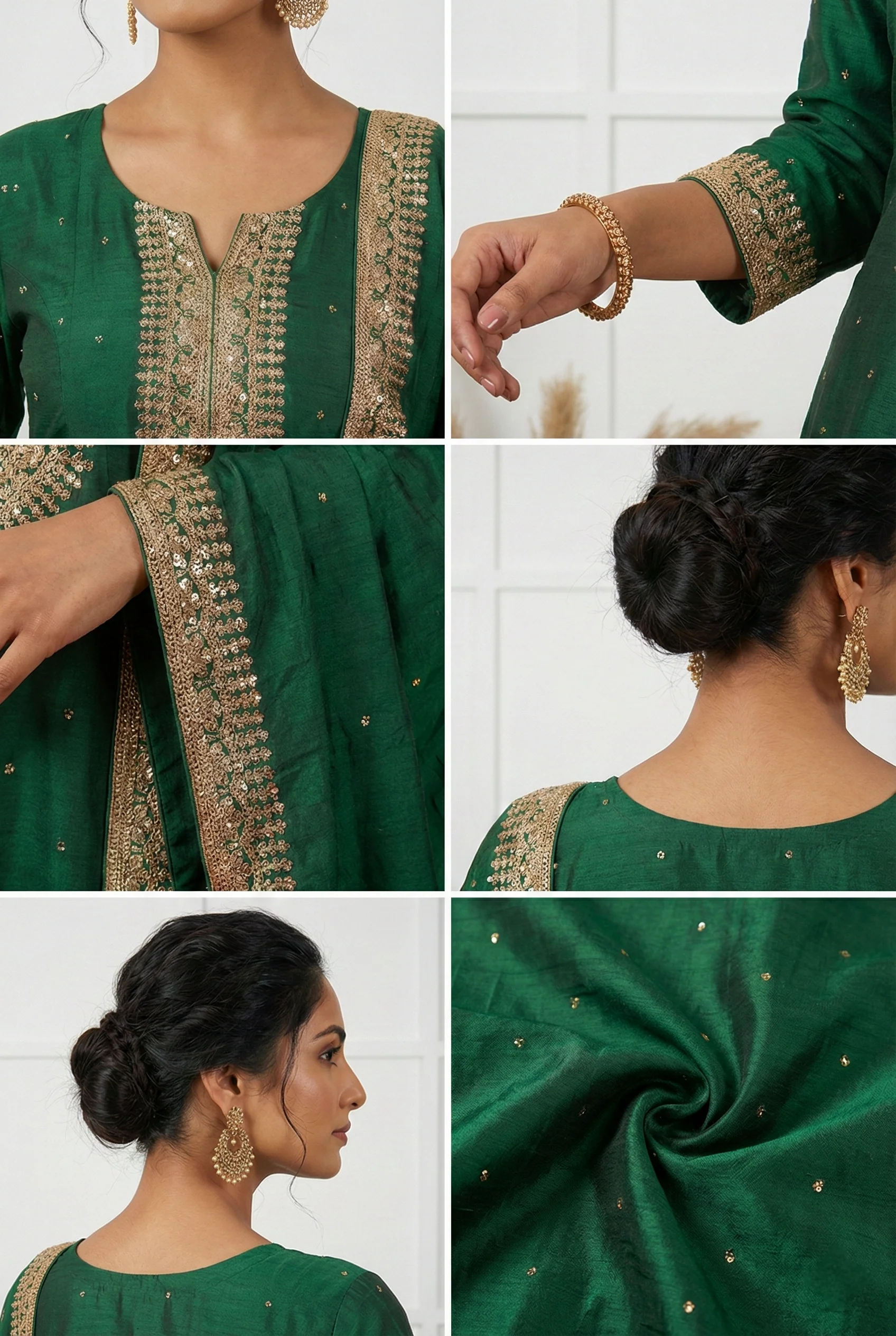 Green Silk Hand Embroidery Three Piece Set - Image 3