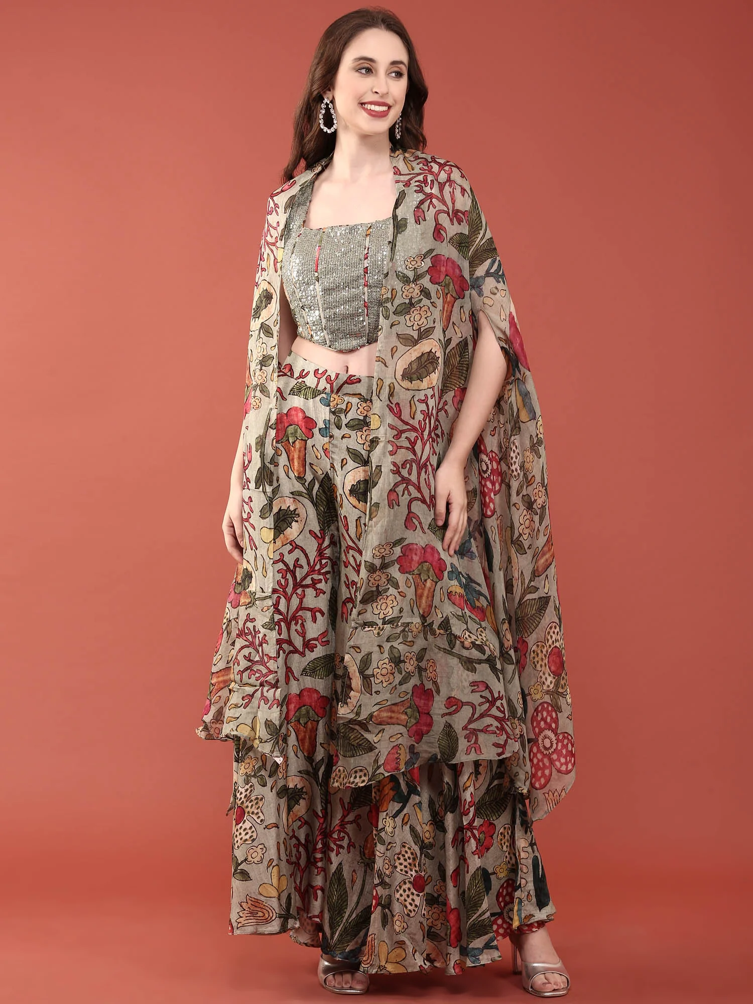 Green Silk Heavy Sequence Embroidery Crop Top With Palazzo - Image 2