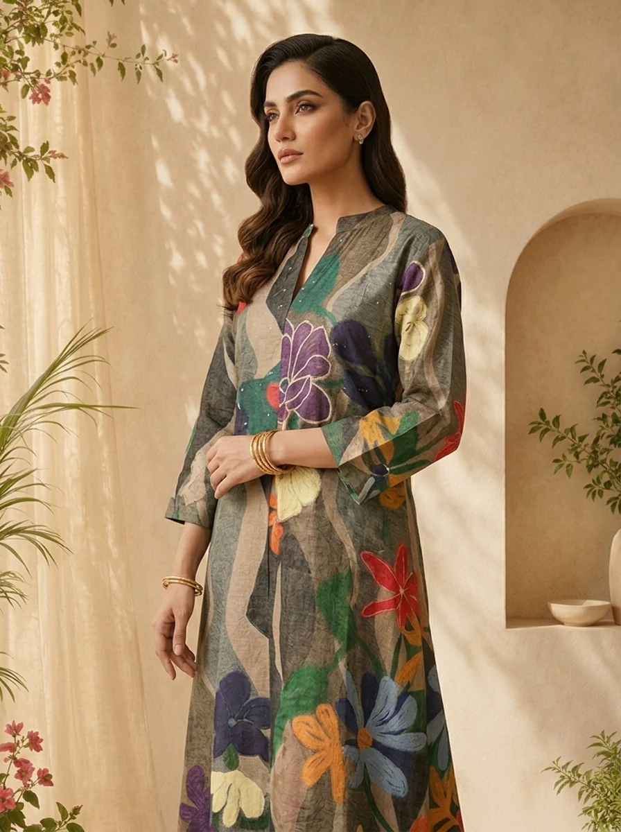 Grey Abstract Floral Print A-Line Silk Kurta - Image 4