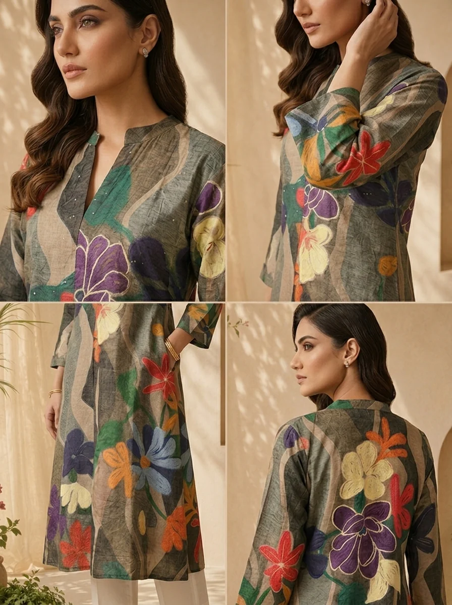Grey Abstract Floral Print A-Line Silk Kurta - Image 5