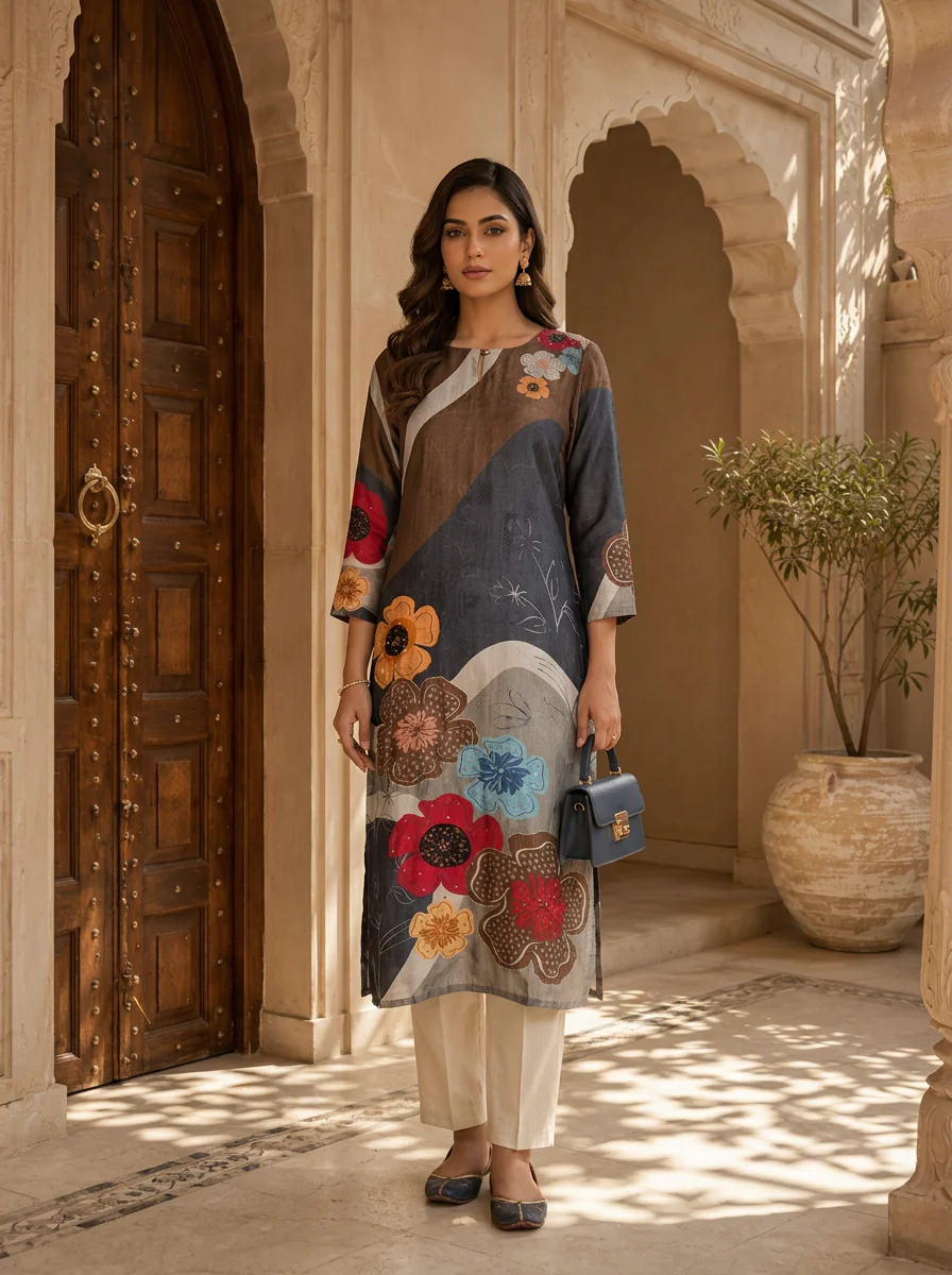 Grey Abstract Floral Print Ethnic Silk Kurta - Image 3