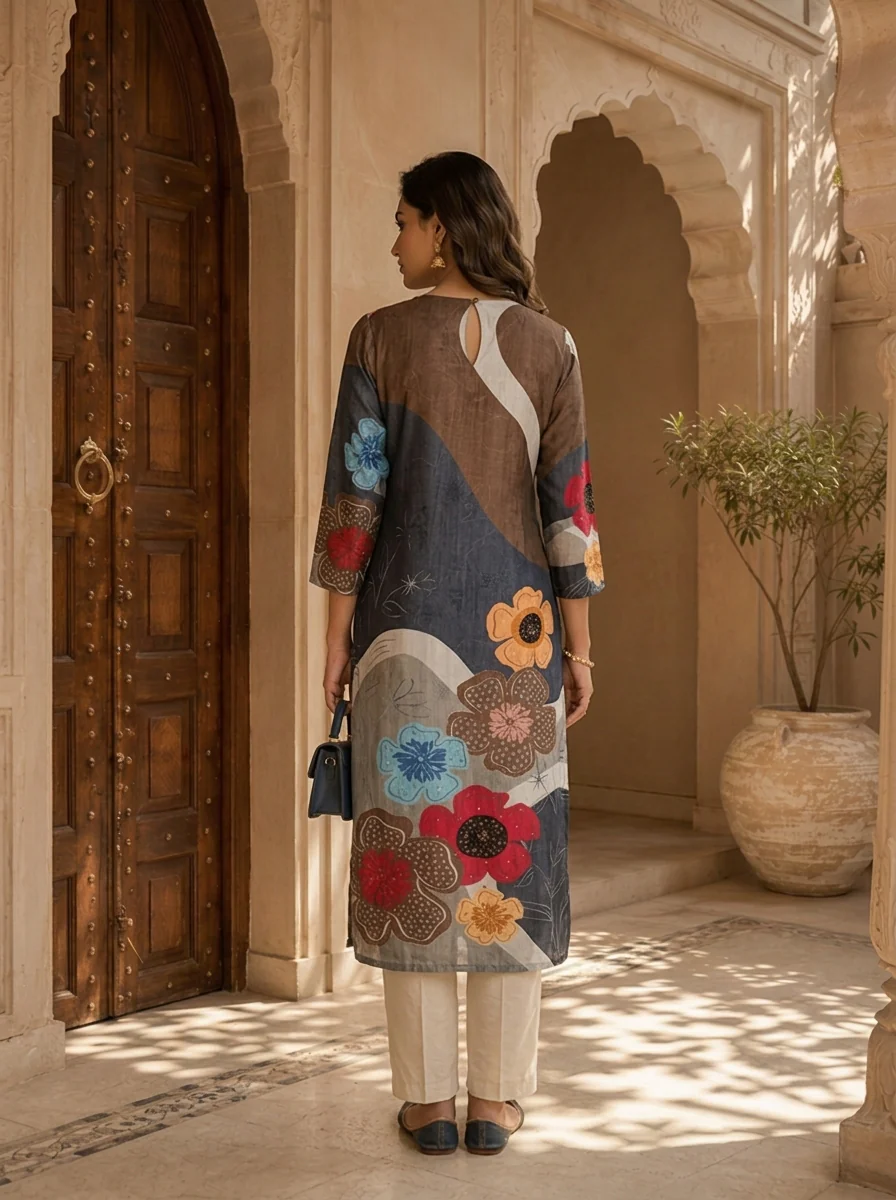 Grey Abstract Floral Print Ethnic Silk Kurta - Image 4