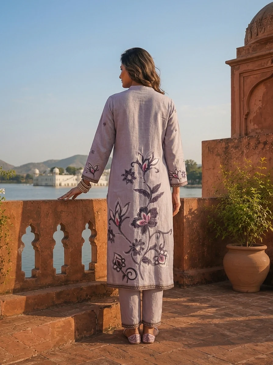 Grey Cotton Floral Digital Printed Three Piece Set - Image 2