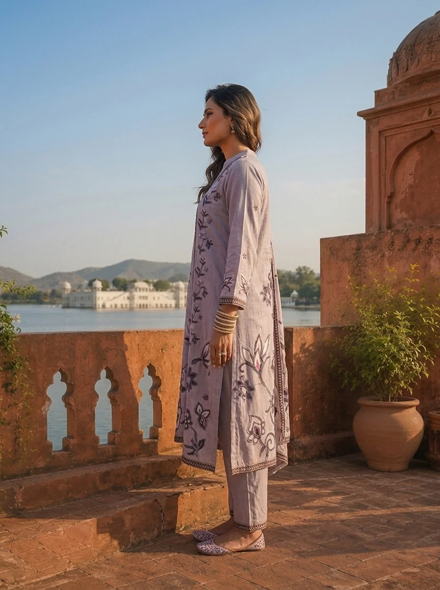 Grey Cotton Floral Digital Printed Three Piece Set - Image 3