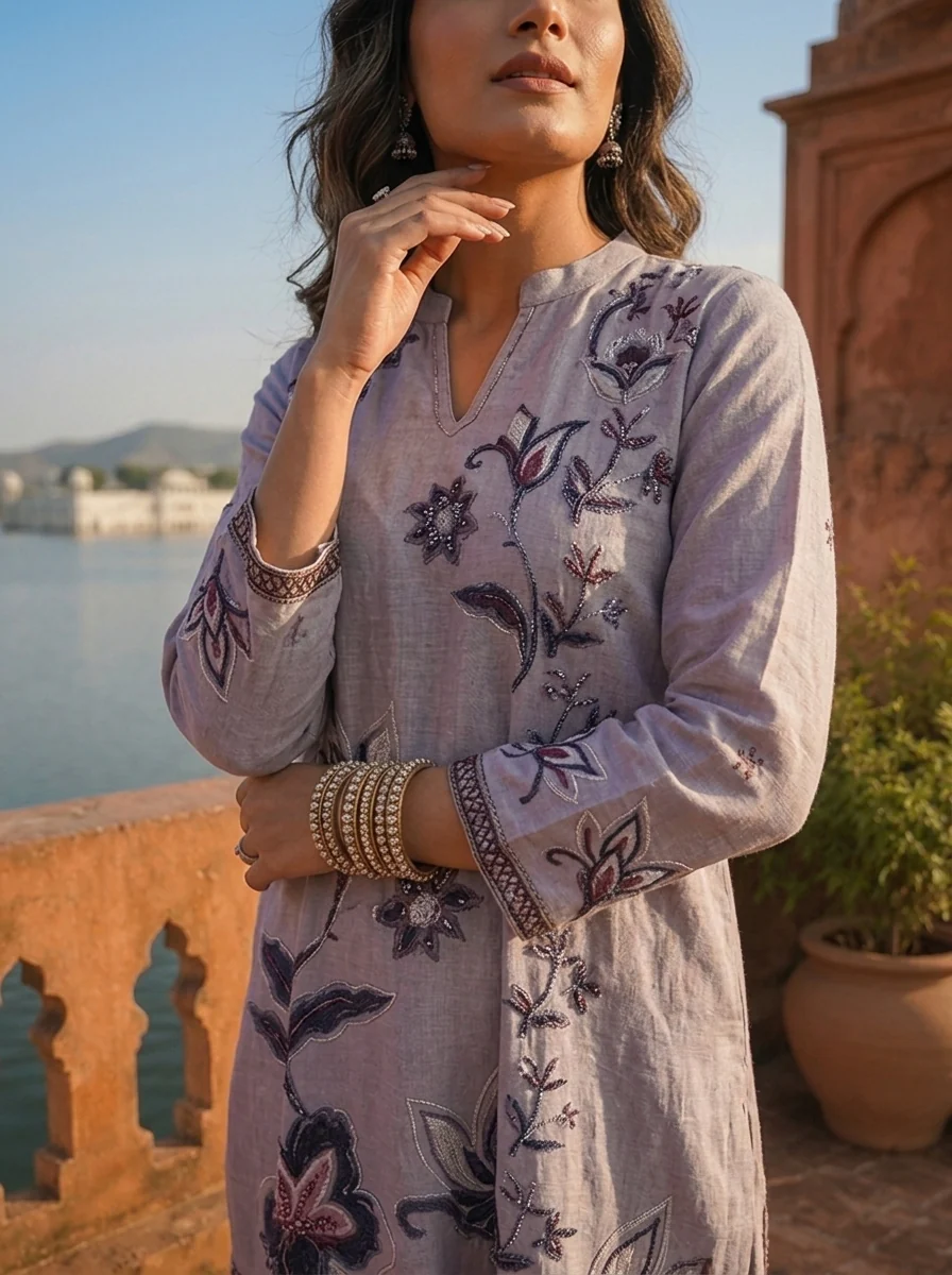 Grey Cotton Floral Digital Printed Three Piece Set - Image 4