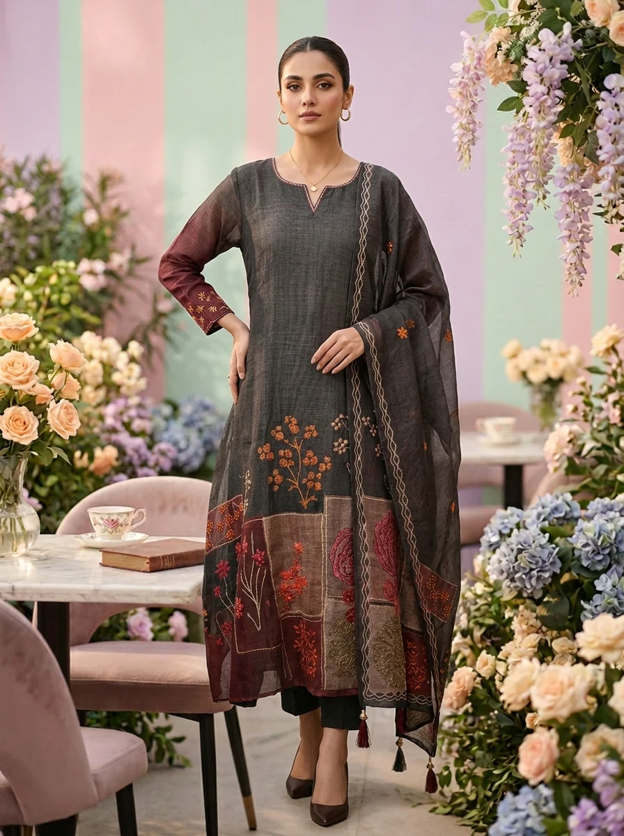 Grey Linen Floral Printed Three Piece Set