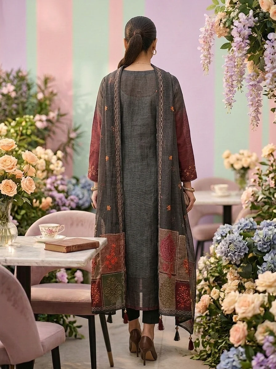 Grey Linen Floral Printed Three Piece Set - Image 2
