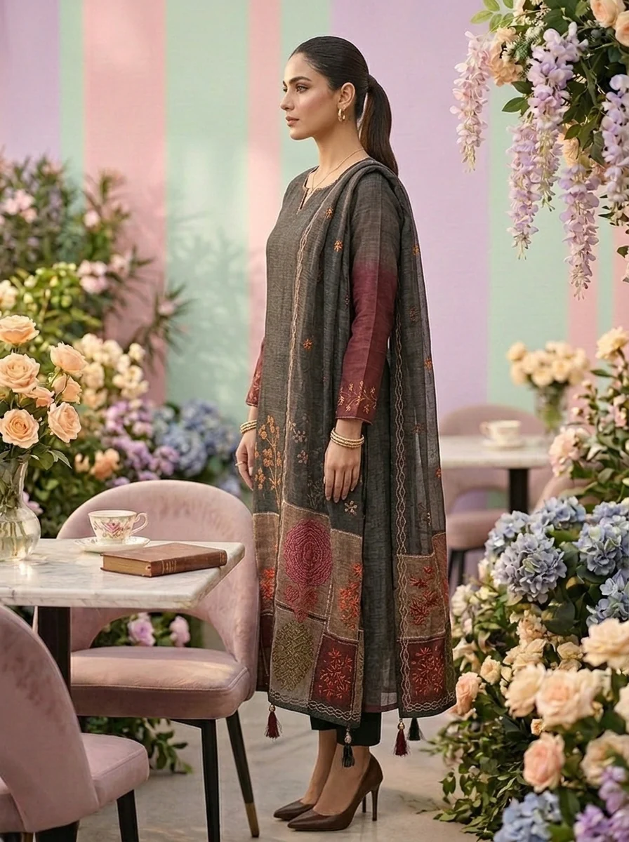 Grey Linen Floral Printed Three Piece Set - Image 3