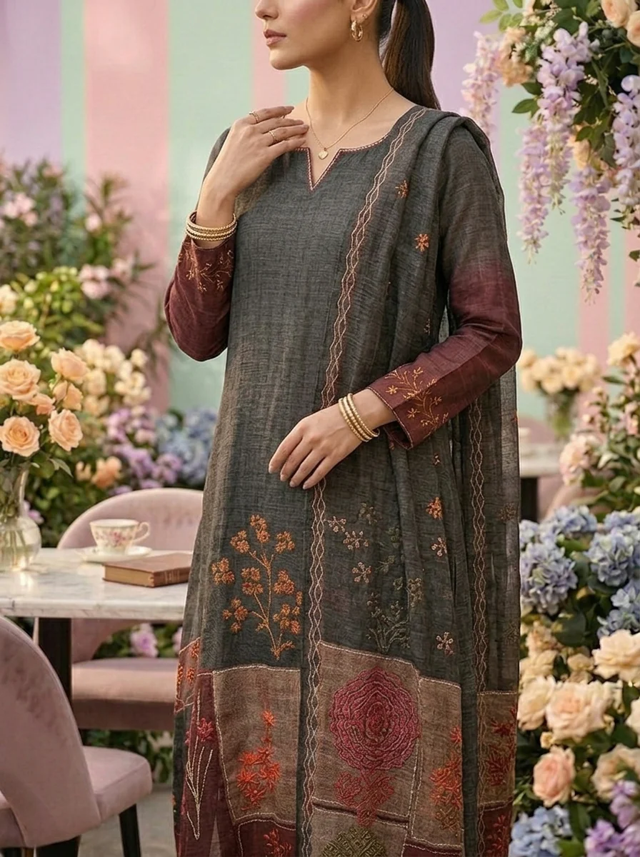 Grey Linen Floral Printed Three Piece Set - Image 4