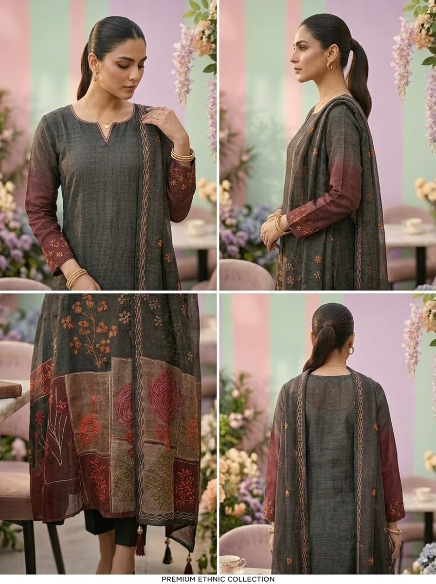 Grey Linen Floral Printed Three Piece Set - Image 5