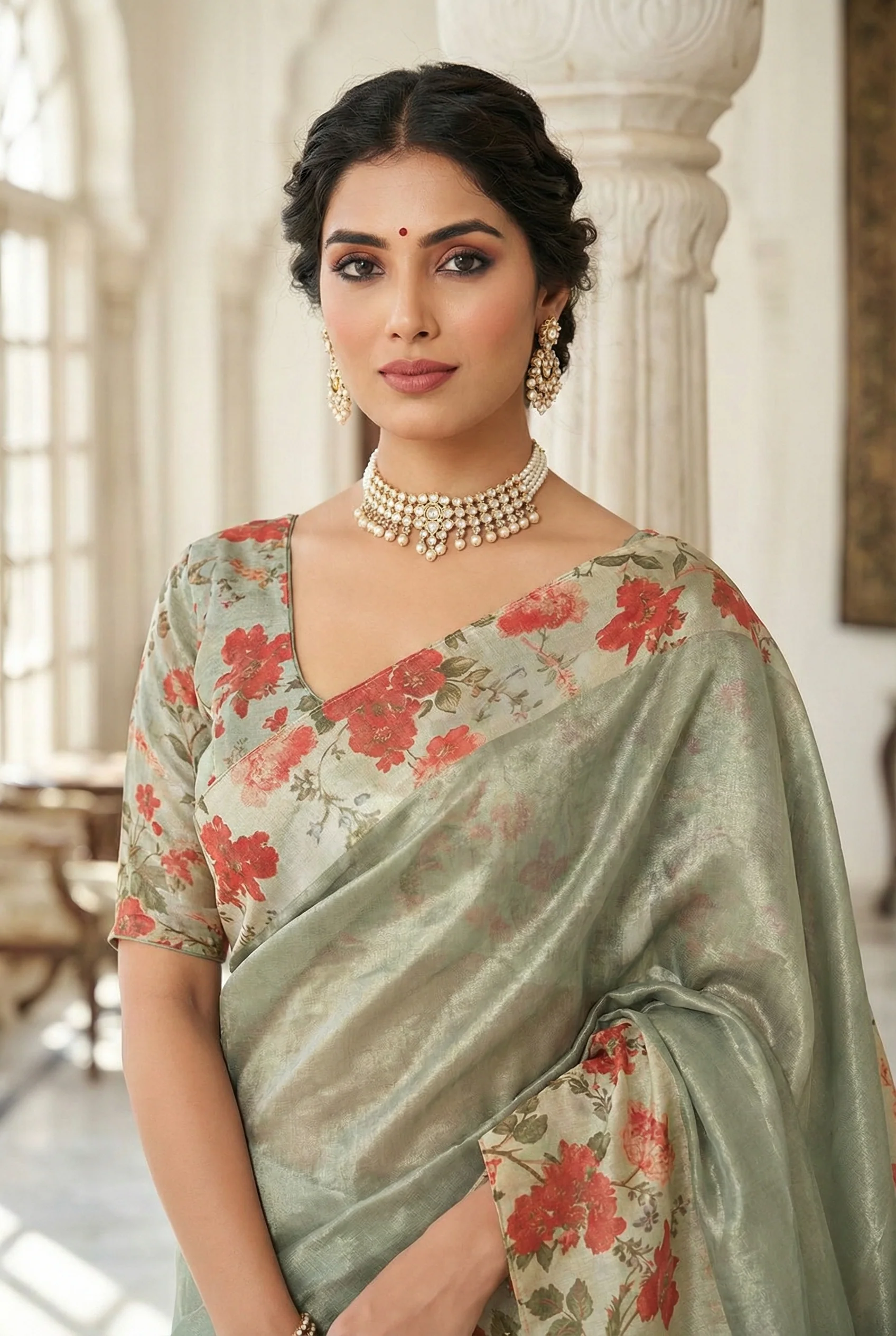 Grey Organza Floral Digital Printed Saree - Image 2