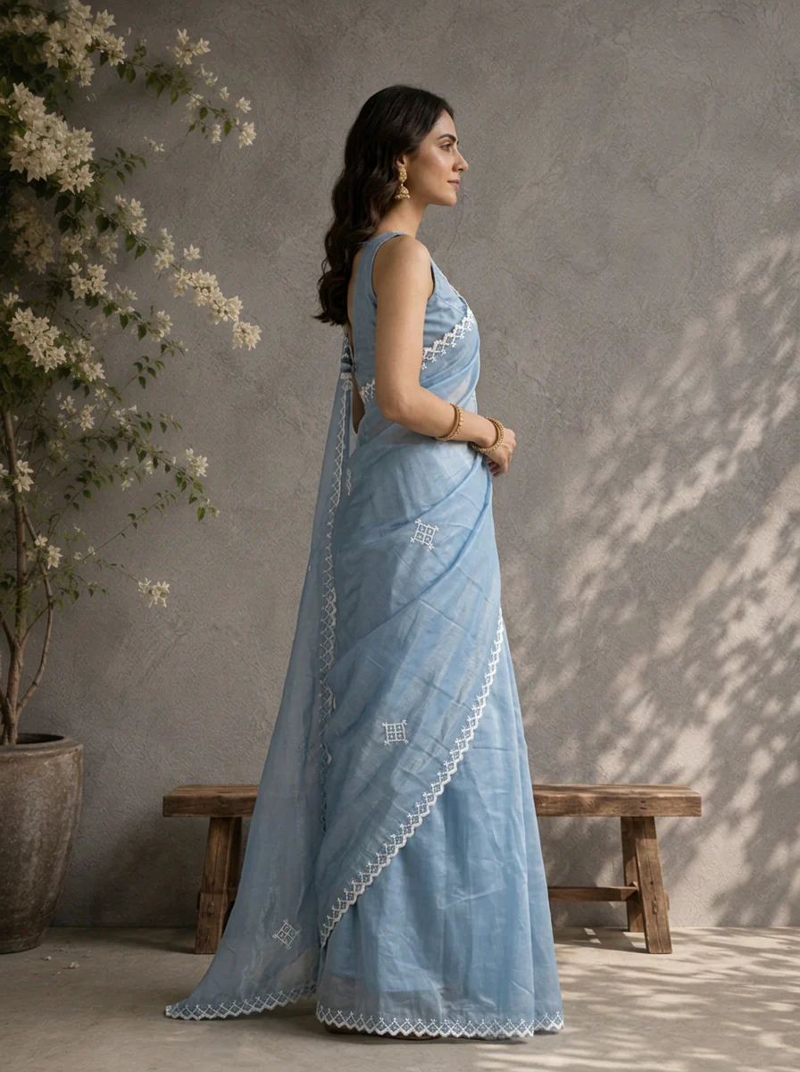 Grey Organza Geometric Thread Embroidered Saree - Image 2
