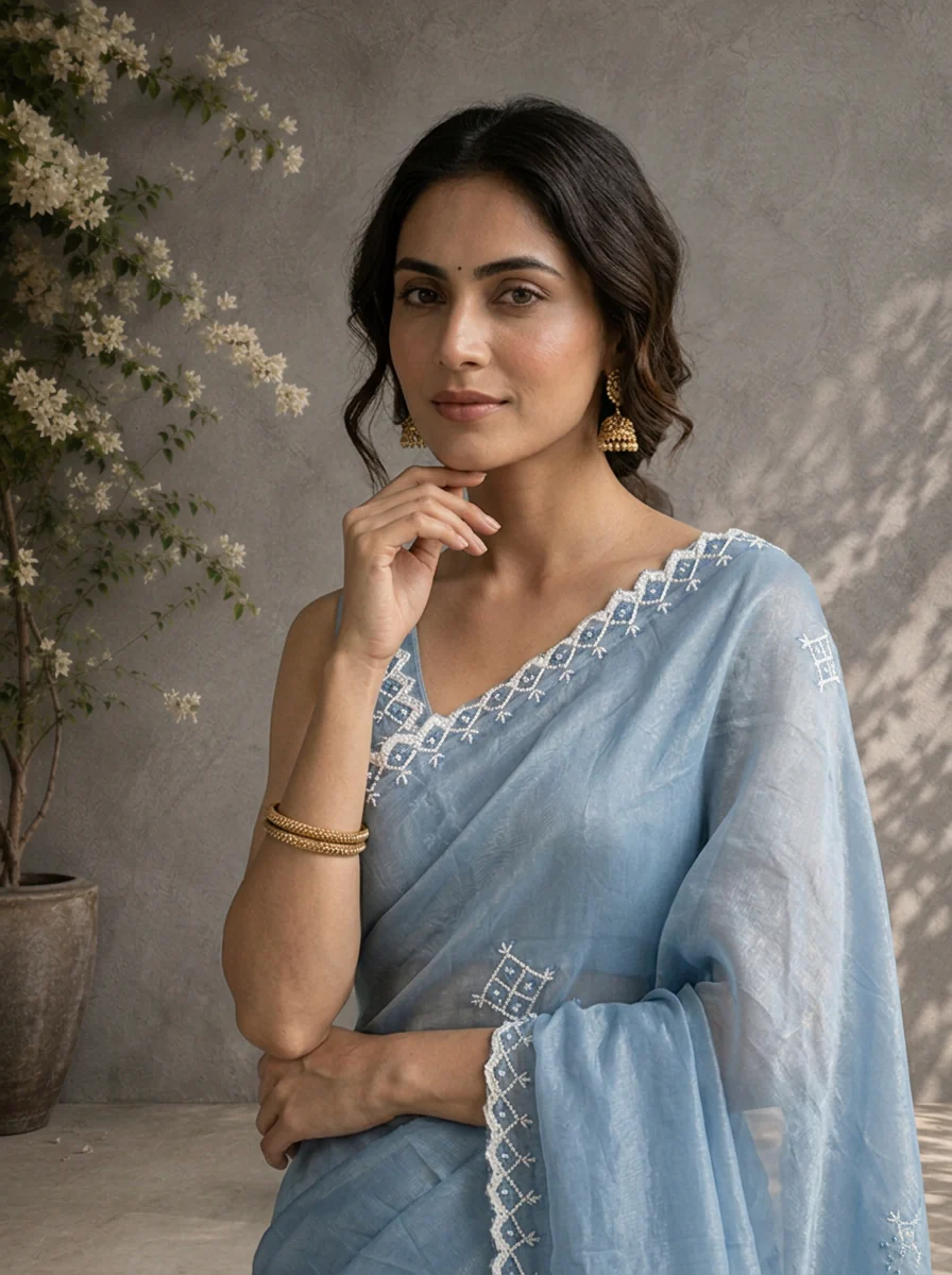 Grey Organza Geometric Thread Embroidered Saree - Image 3