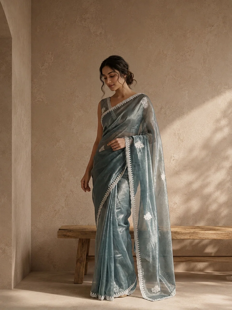 Grey Organza Scattered Embroidered Saree With Lace Border