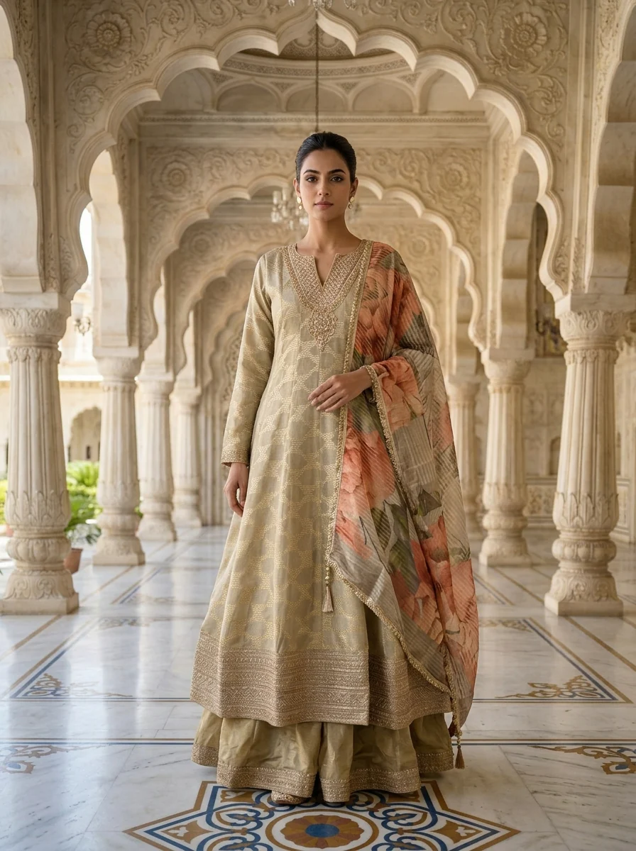 Grey Tissue Zari Embroidery Three Piece Set With Printed Dupatta