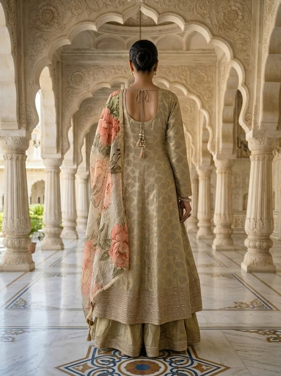 Grey Tissue Zari Embroidery Three Piece Set With Printed Dupatta - Image 2
