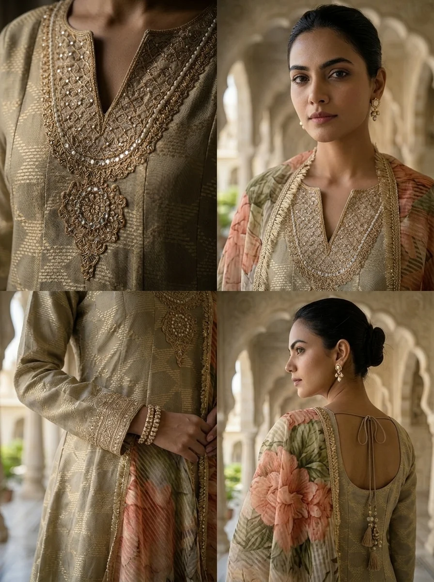 Grey Tissue Zari Embroidery Three Piece Set With Printed Dupatta - Image 3