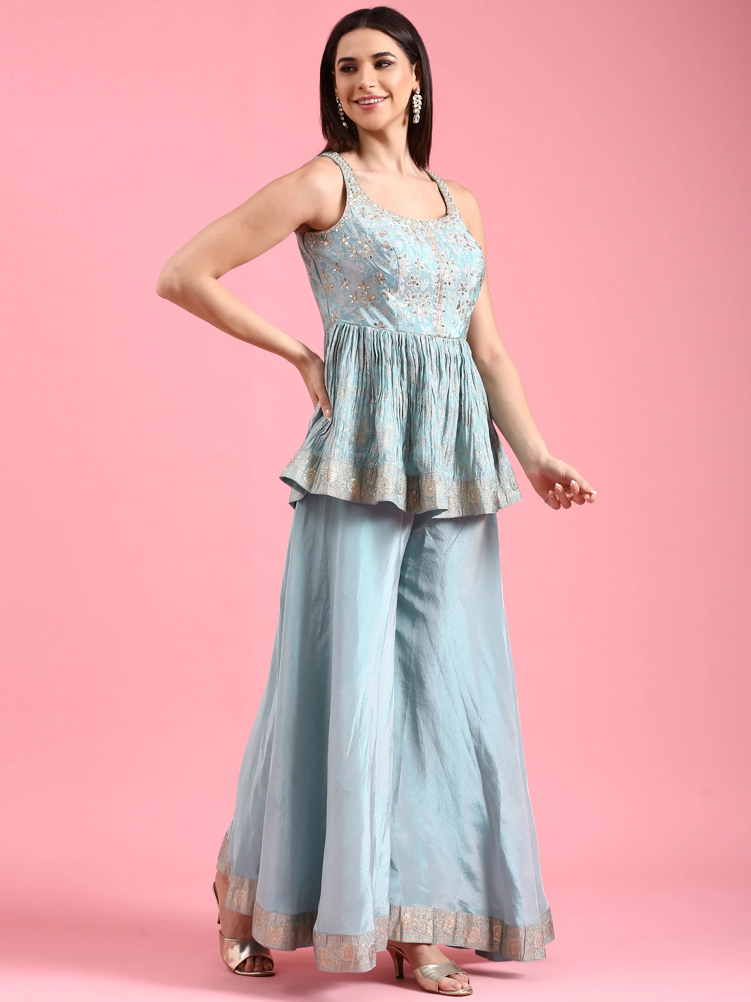 Ice Blue Banaras Silk Embroidery Peplum Palazzo - Image 3