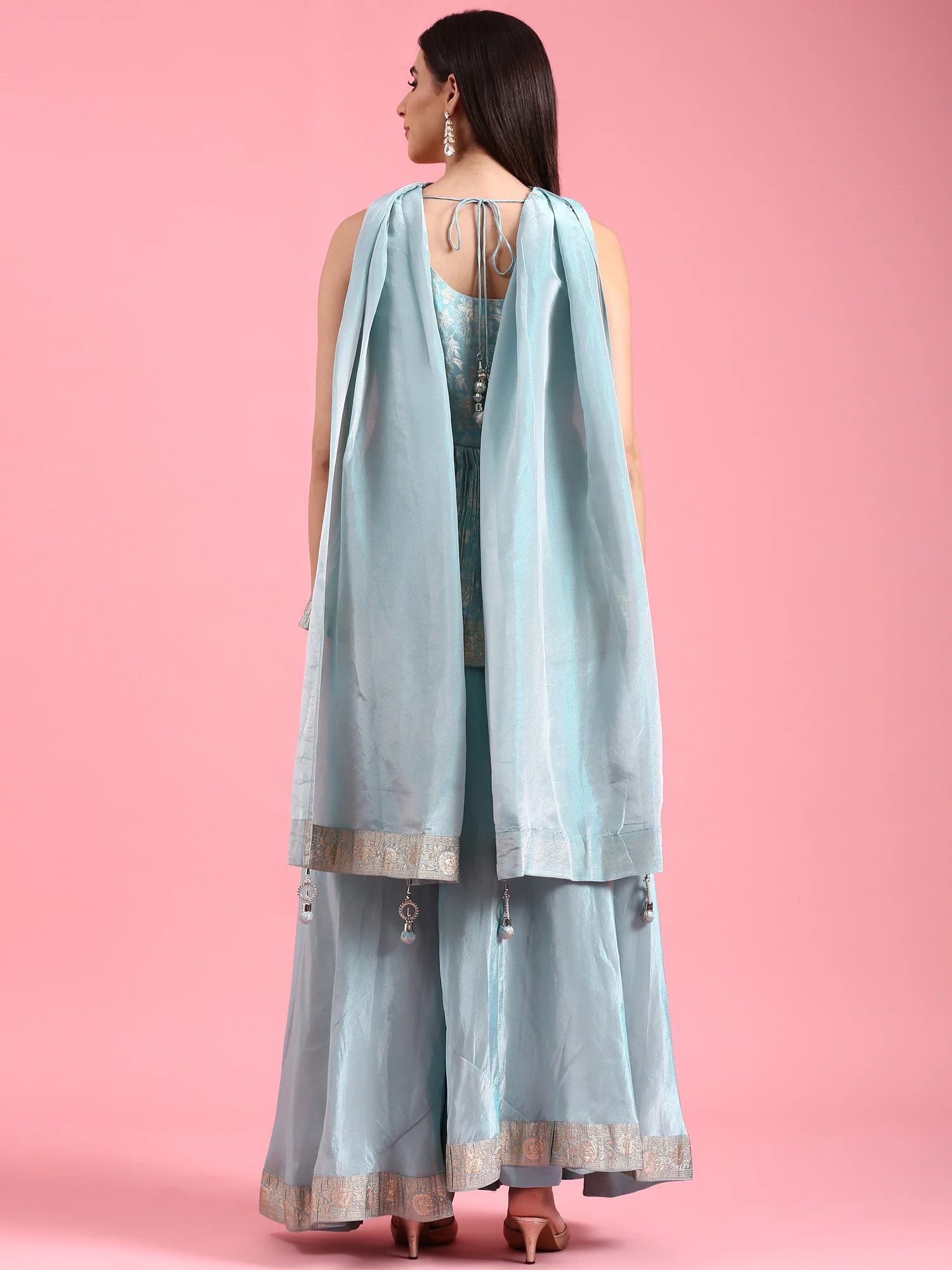 Ice Blue Banaras Silk Embroidery Peplum Palazzo - Image 4