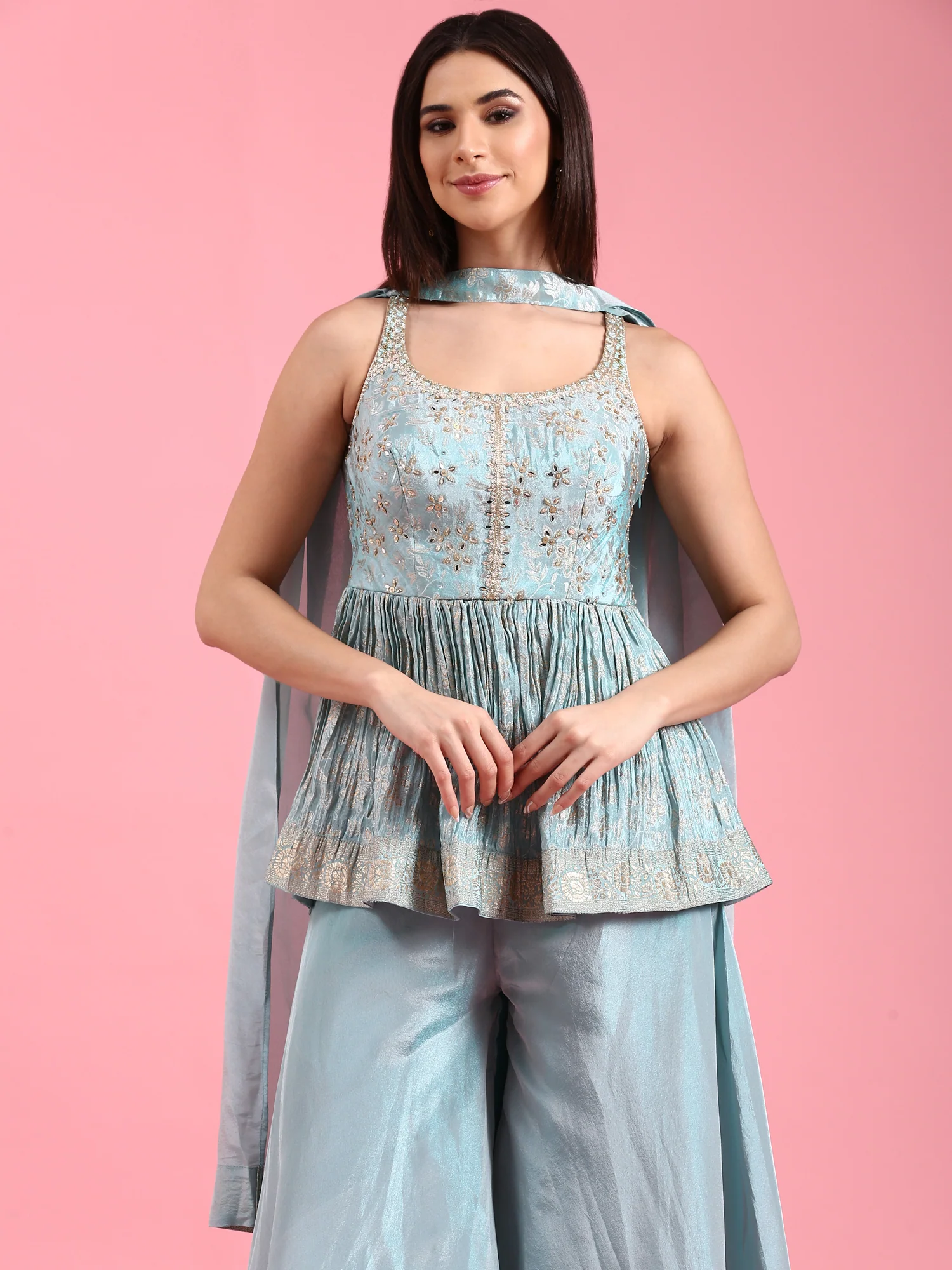 Ice Blue Banaras Silk Embroidery Peplum Palazzo - Image 6