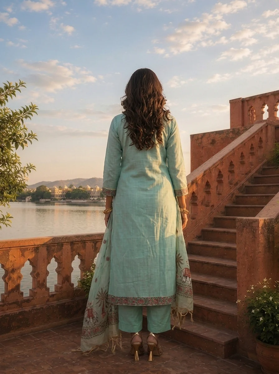 Ice Blue Chanderi Silk Pichwai Motif Weaved Three Piece Set - Image 4