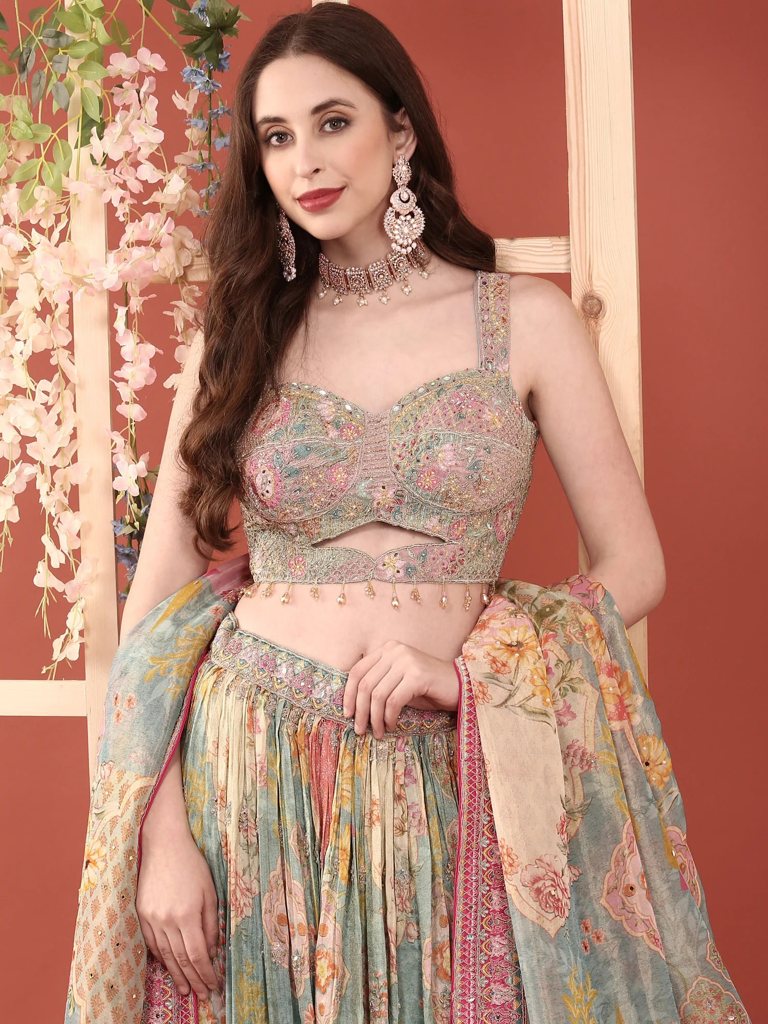 Ice Blue Crepe With Digital Print And Embroidered Ghagra Set - Image 6