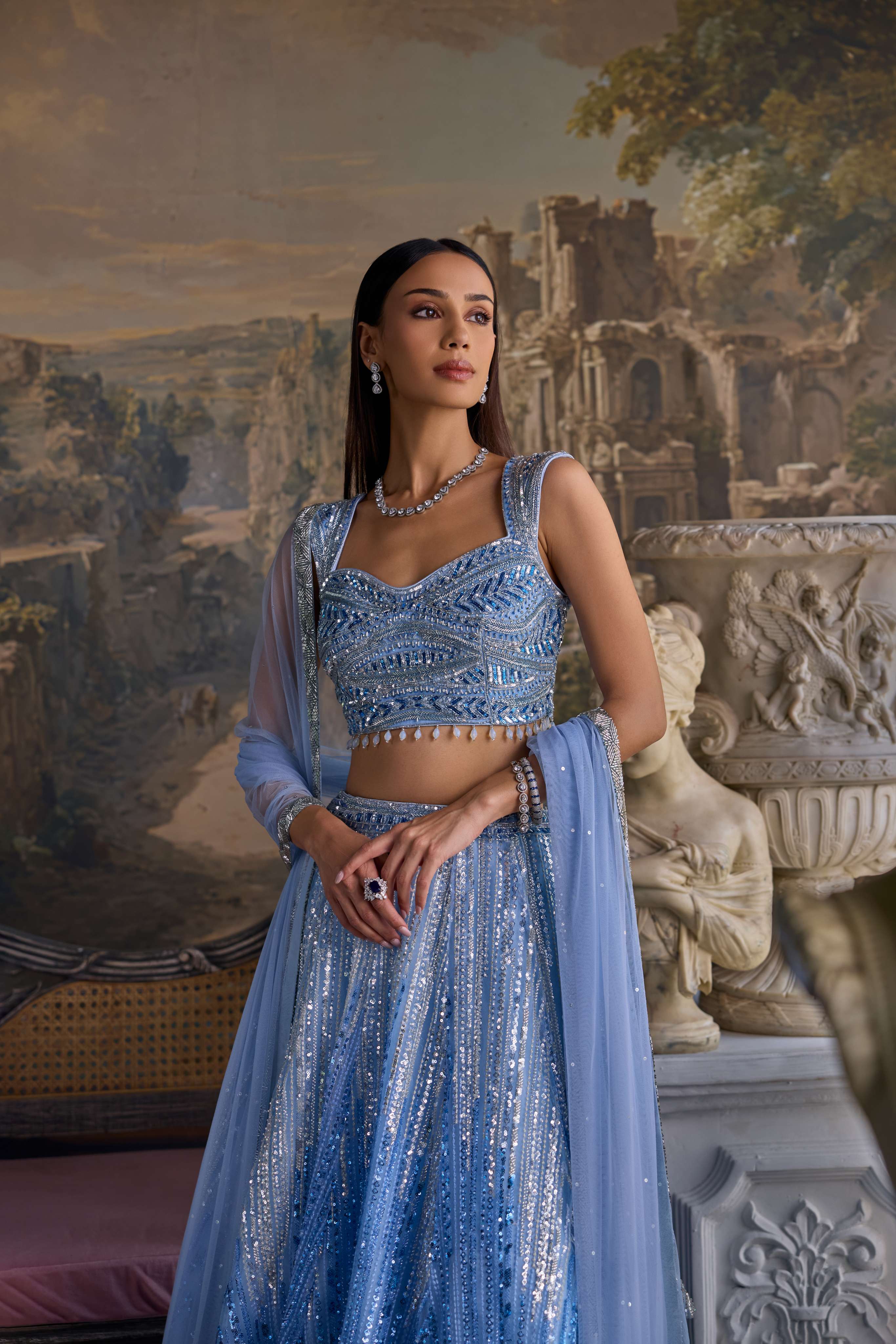 Ice Blue Net Heavy Hand Embroidered Ghagra Set - Image 3