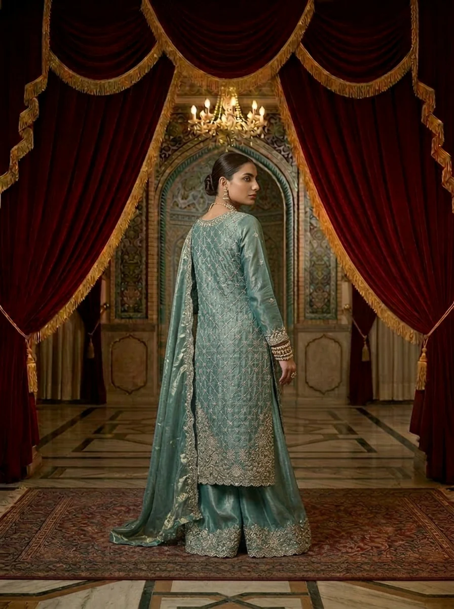 Ice Blue Silk Embroidery Palazzo Set With Dupatta - Image 2