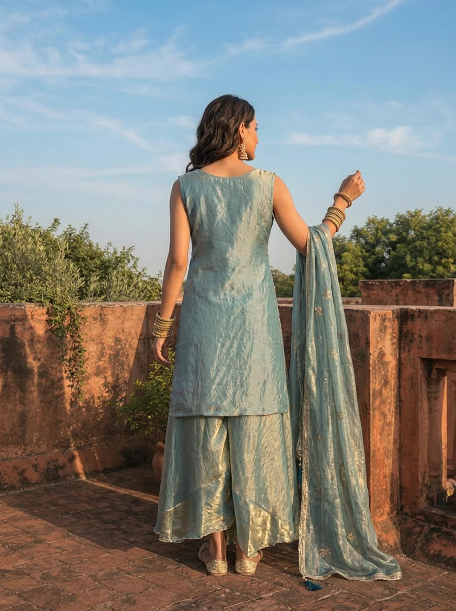 Ice Blue Silk Intricate Mughal Floral Embroidered Three Piece Set - Image 3