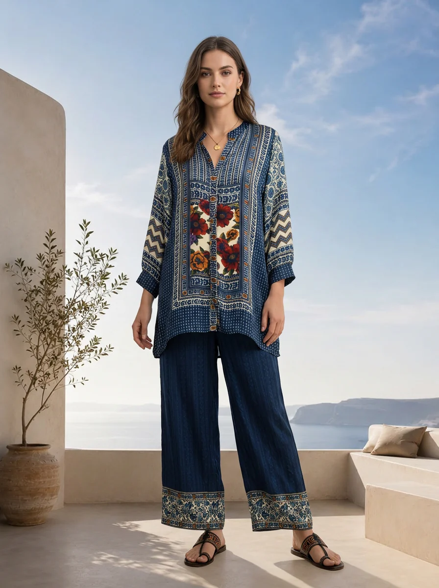 Indigo Blue And Cream Floral Printed Crepe Two Piece Set
