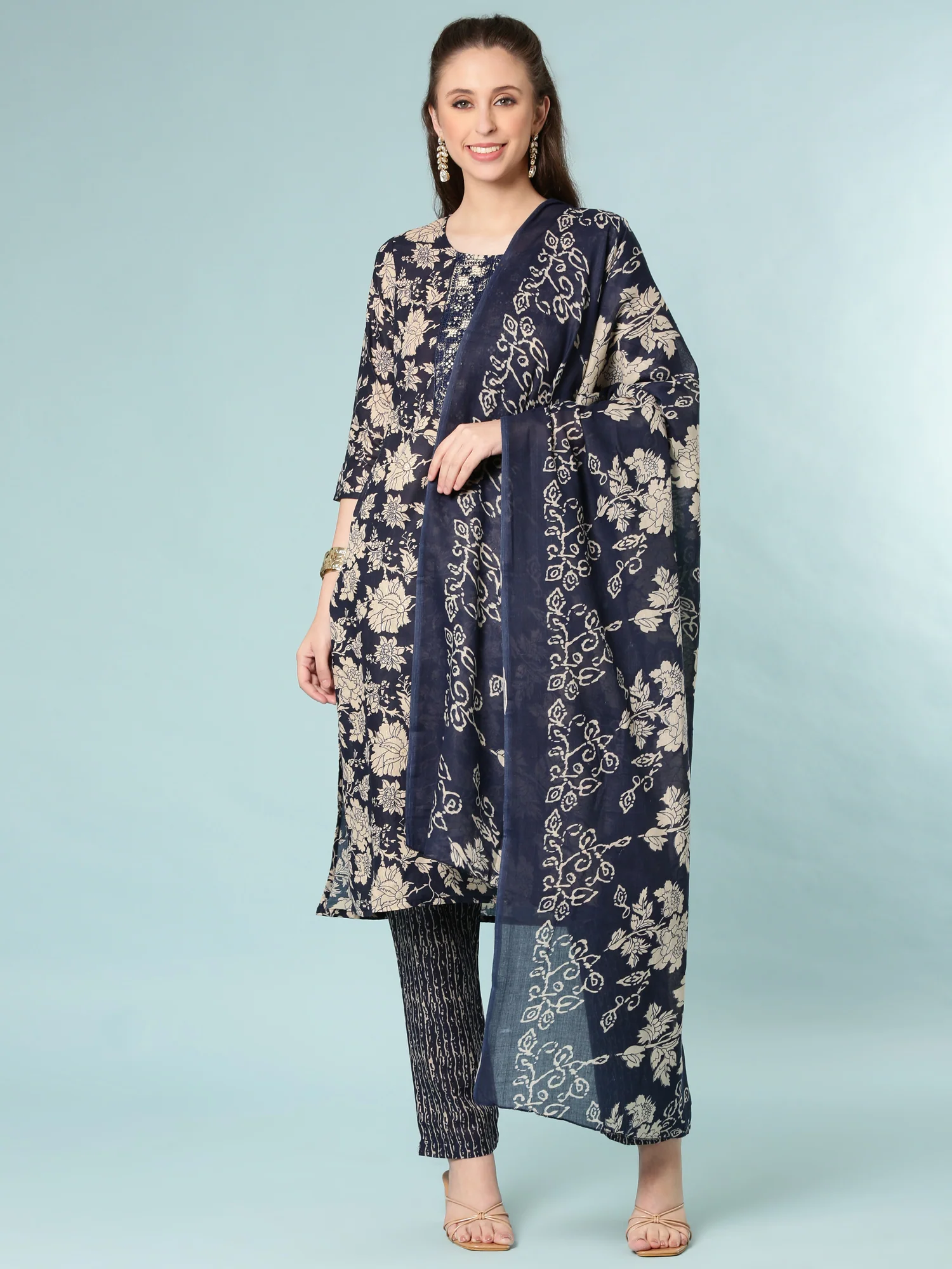 Indigo Blue Modal Silk Floral Digital Print Three Piece Set
