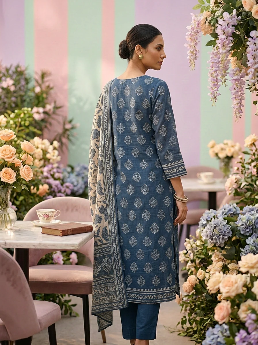 Indigo Chanderi Printed Three Piece Set - Image 2