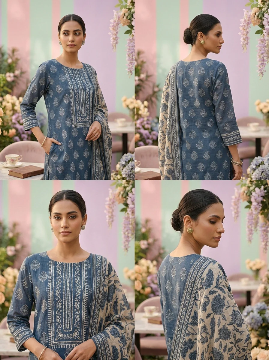 Indigo Chanderi Printed Three Piece Set - Image 3