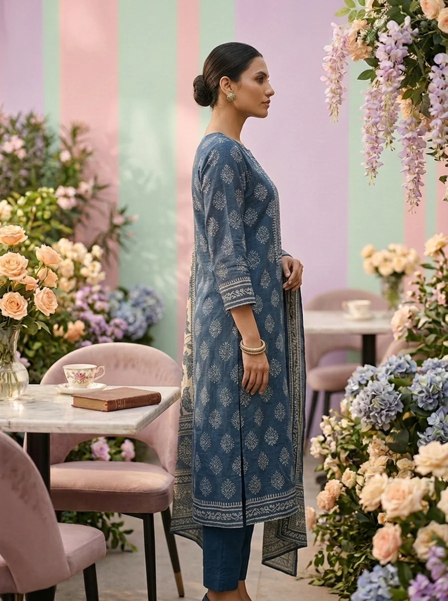 Indigo Chanderi Printed Three Piece Set - Image 4