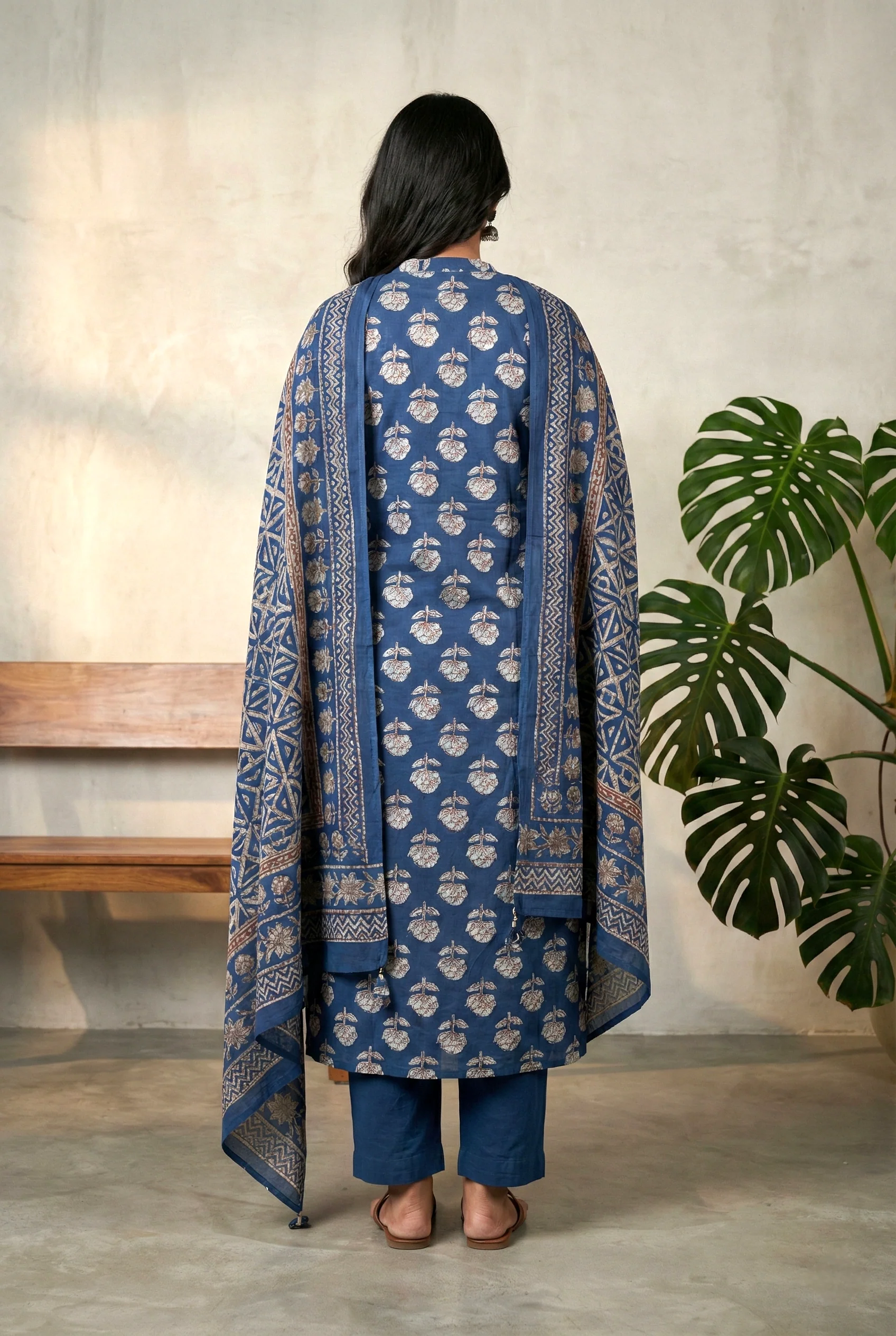 Indigo Cotton Printed Three Piece Set - Image 2