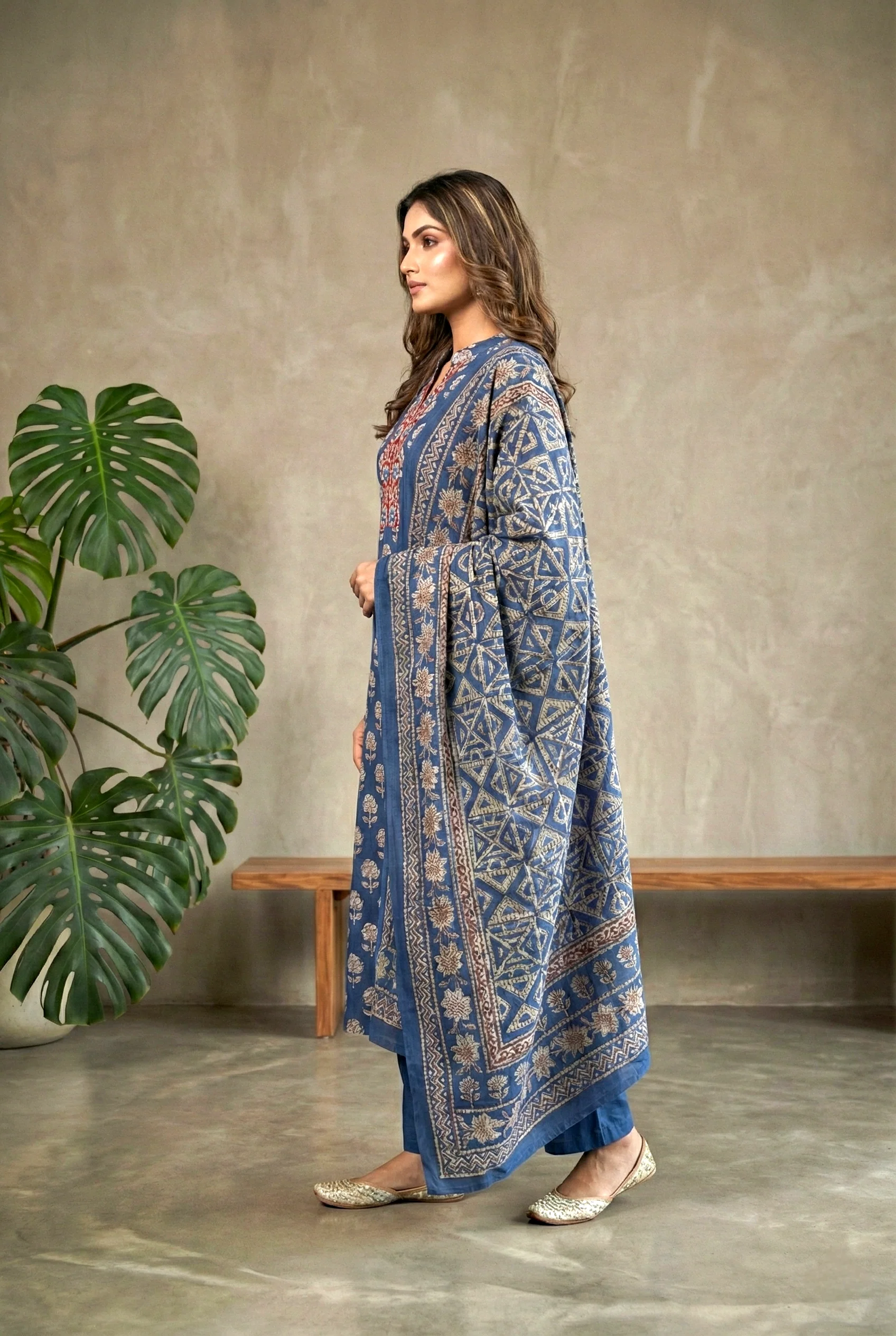 Indigo Cotton Printed Three Piece Set - Image 3