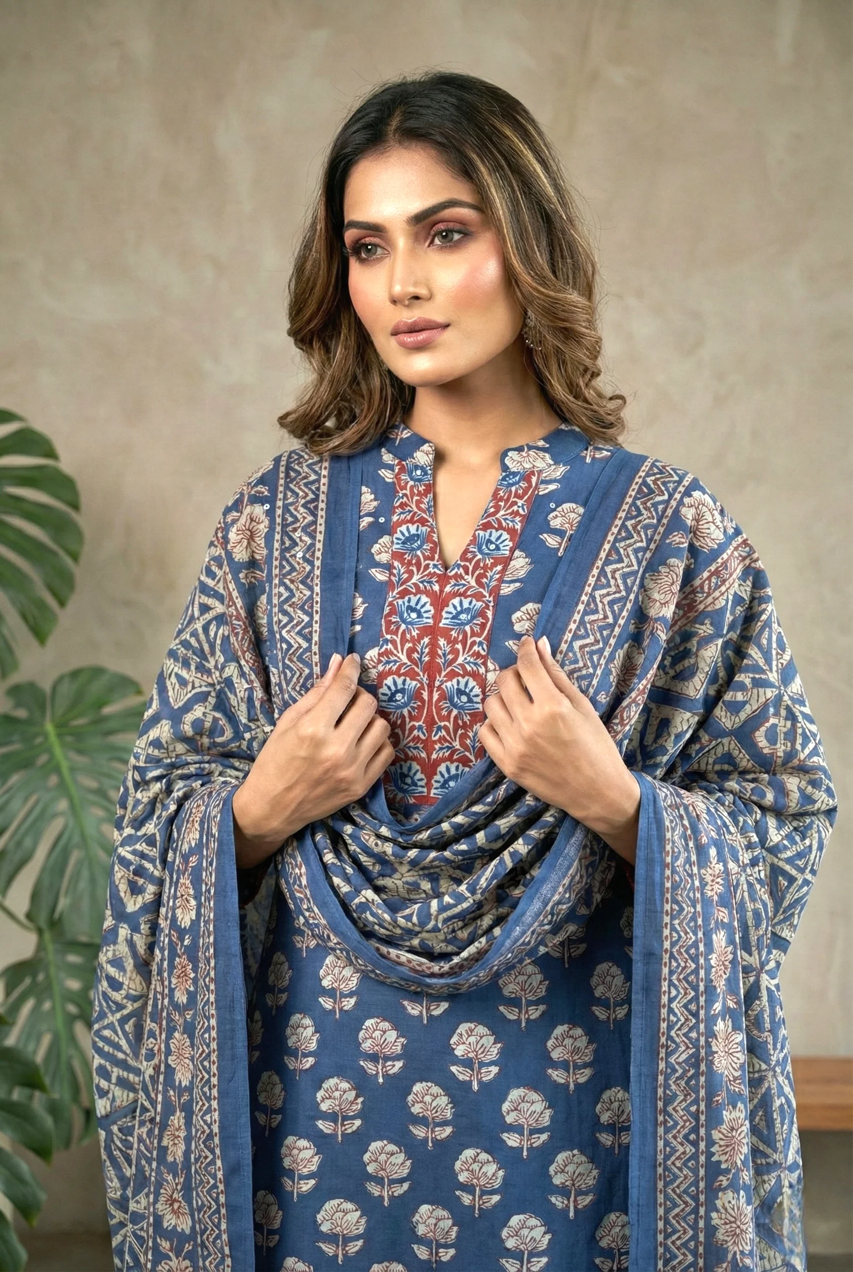 Indigo Cotton Printed Three Piece Set - Image 4