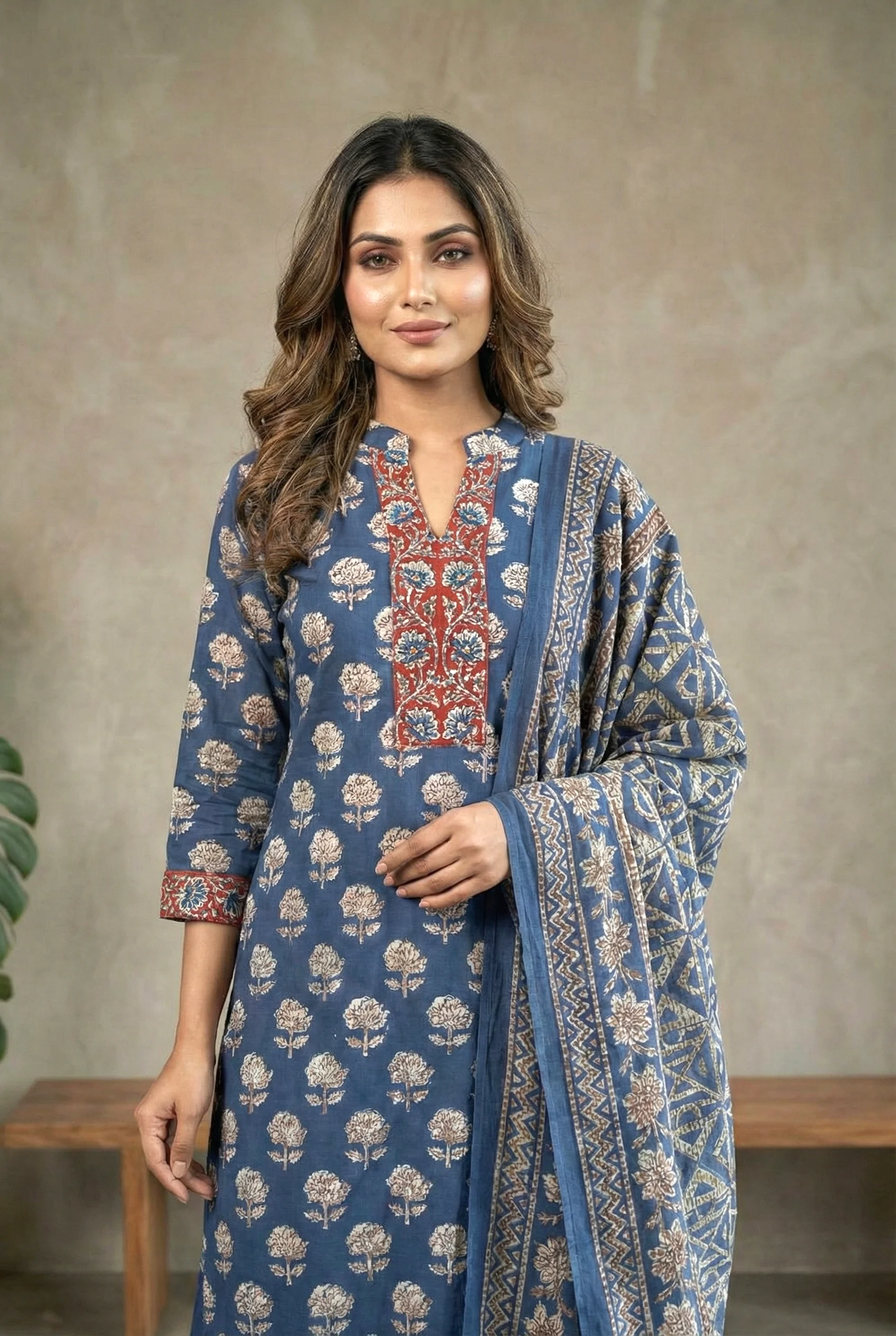 Indigo Cotton Printed Three Piece Set - Image 5