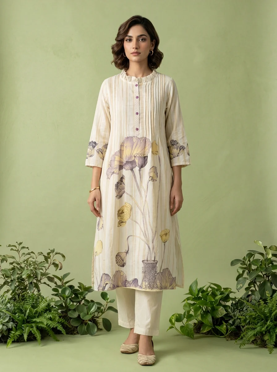 Lavender And White Cotton Pleated Design Two Piece Set - Image 2