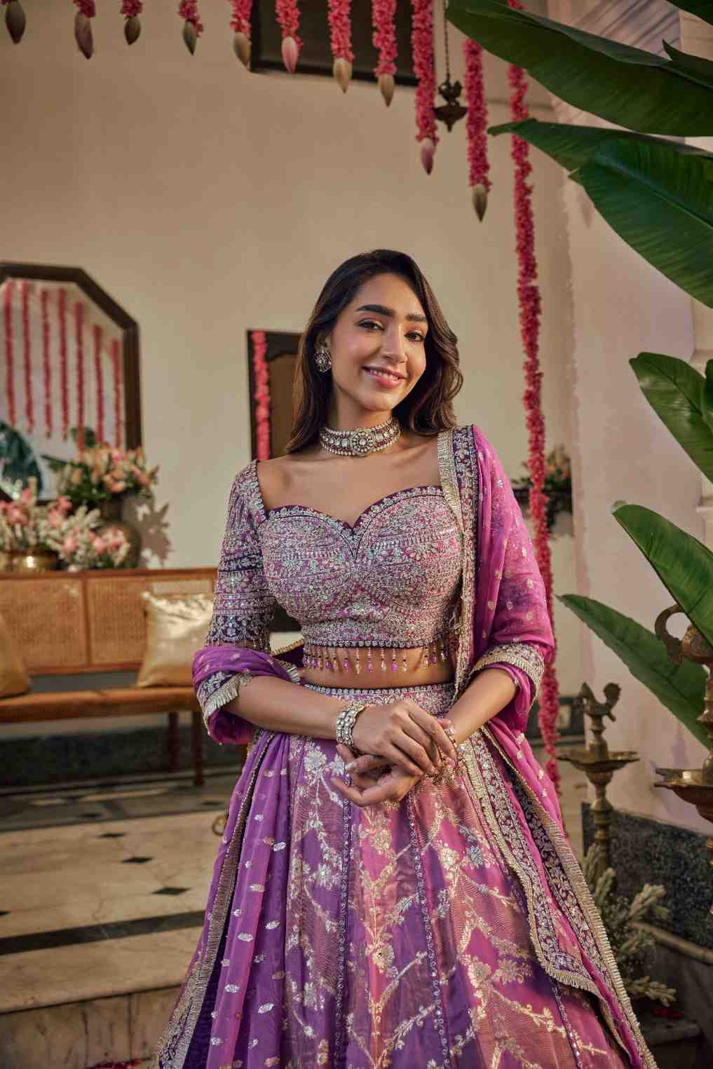 Lavender Banaras Silk hand Embroidery Lehenga - Image 4