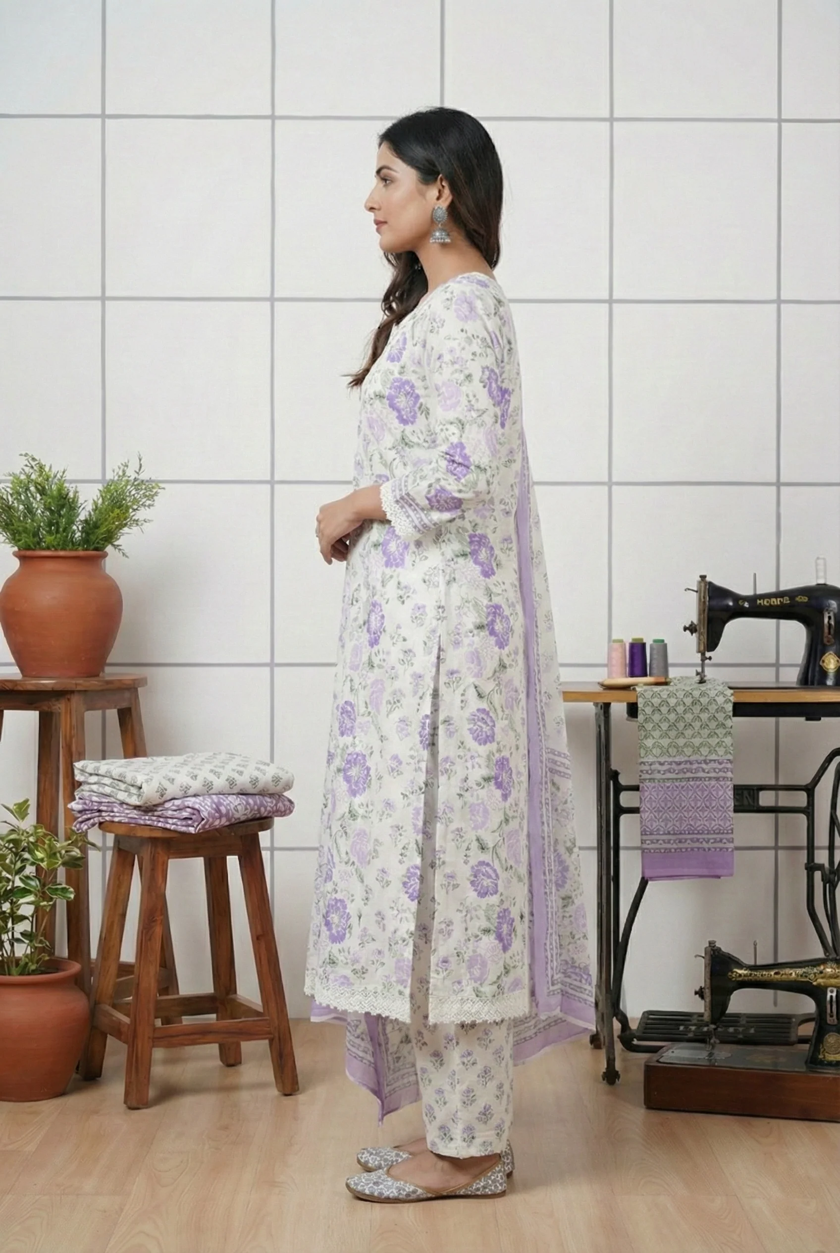 Lavender Cotton Floral Hand Embroidered Three Piece Set - Image 2