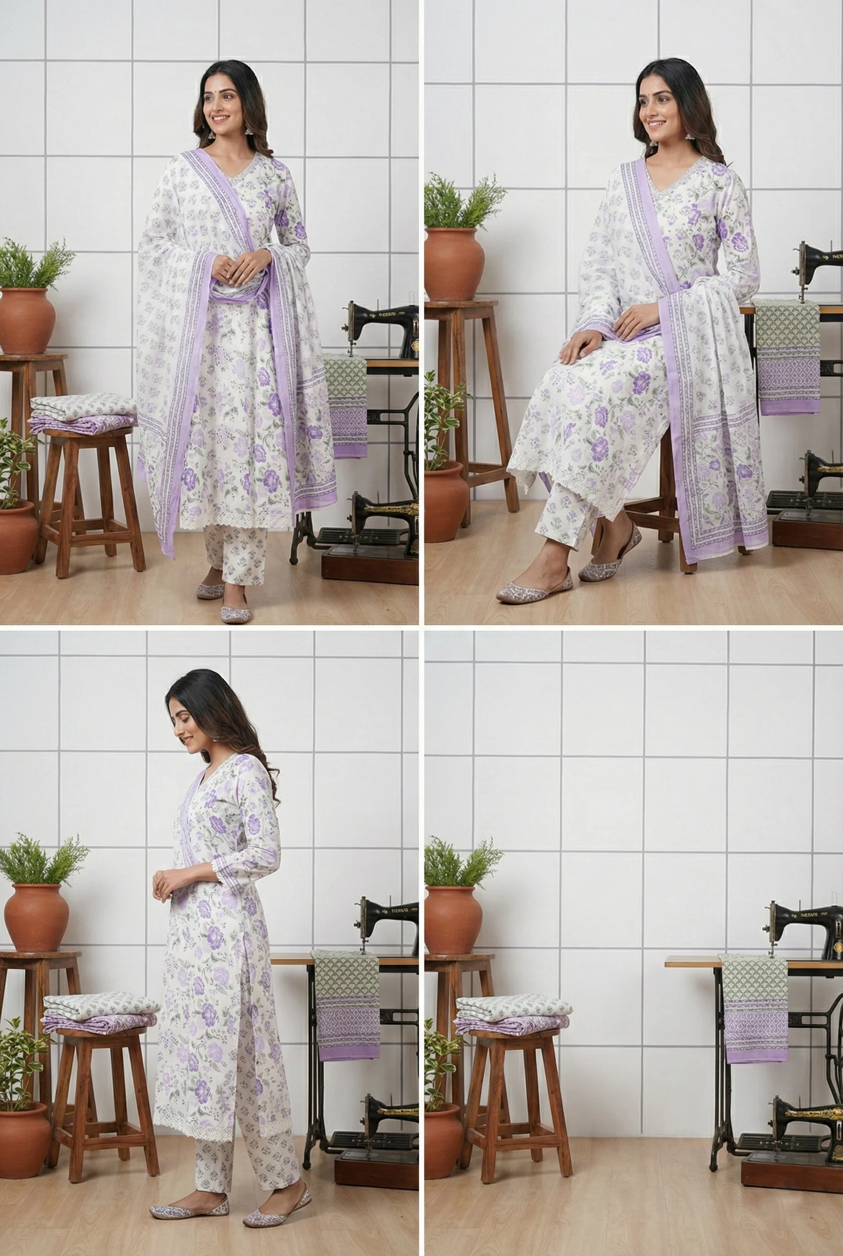 Lavender Cotton Floral Hand Embroidered Three Piece Set - Image 6