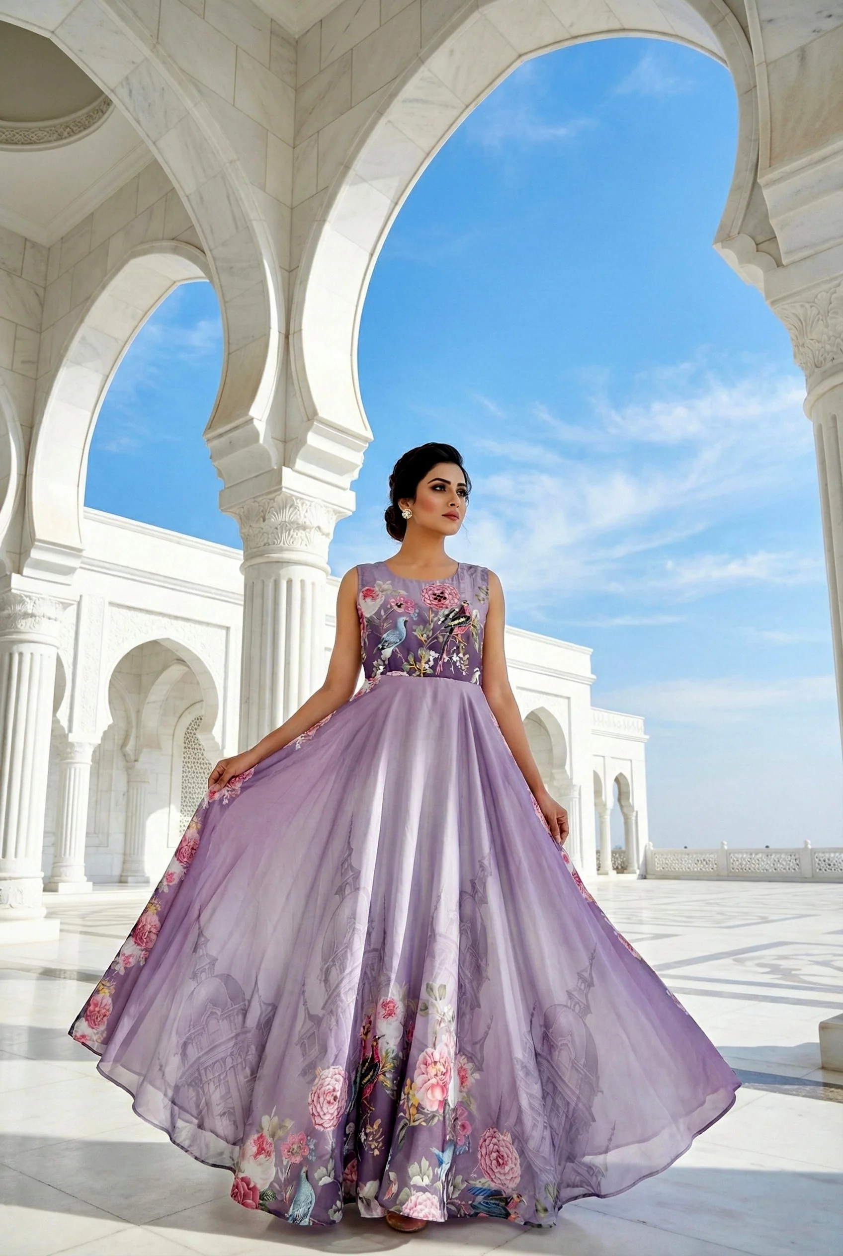 Lavender Crepe Floral Hand Embroidered Long Dress